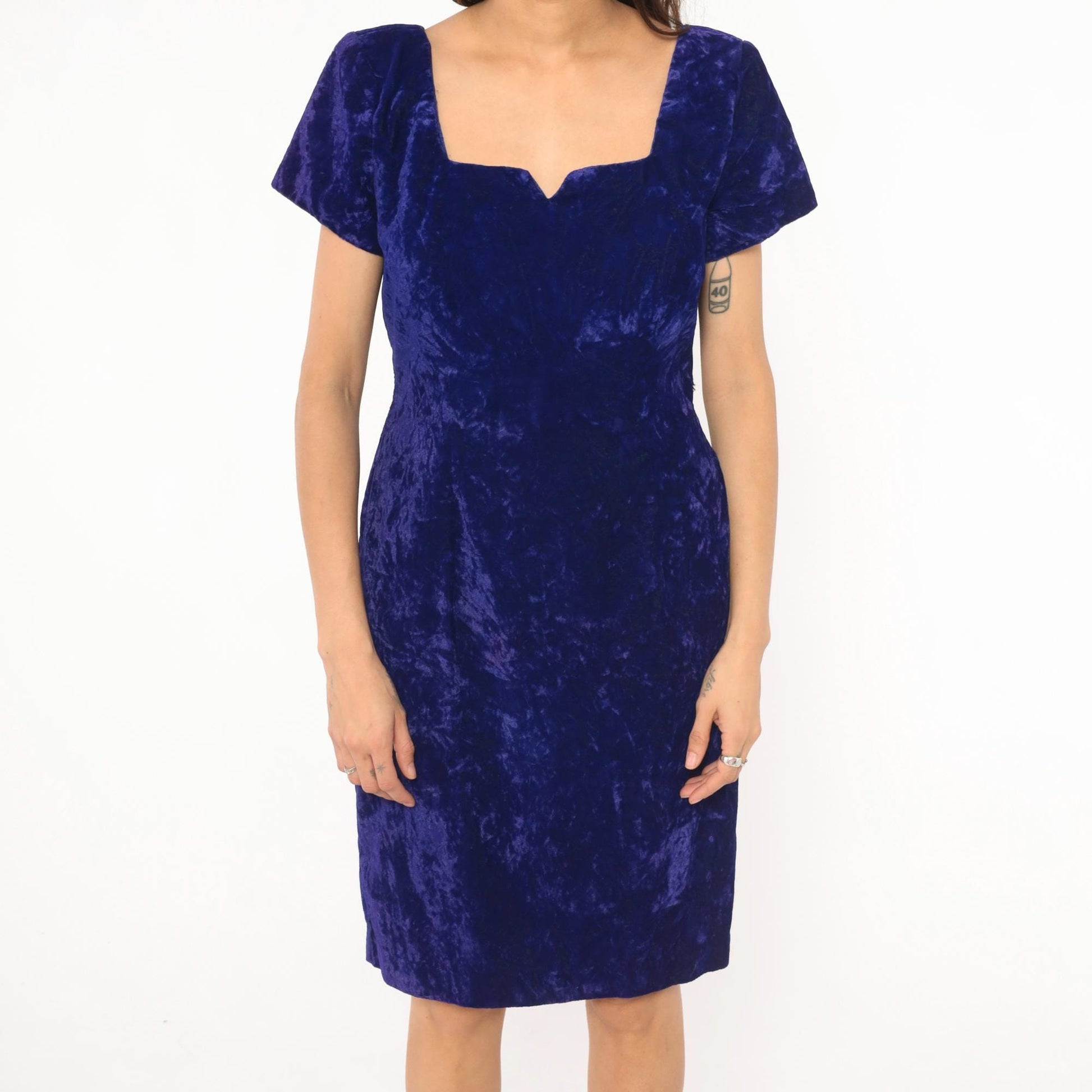 90s Late Edition Purple Crushed Velvet Dress Sweetheart Neckline Knee-Length Medium M