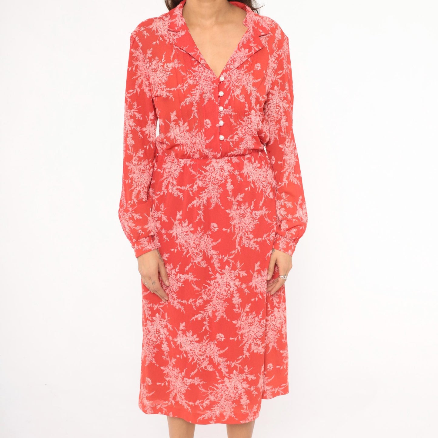 70s H Coral Floral Shirtdress Button Front Bishop Sleeves Midi Medium M