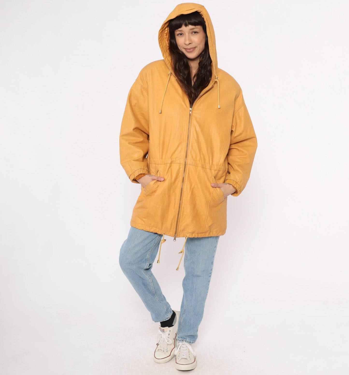 90s Wilsons Leather Hooded Jacket Mustard Yellow Zip Parka Medium M