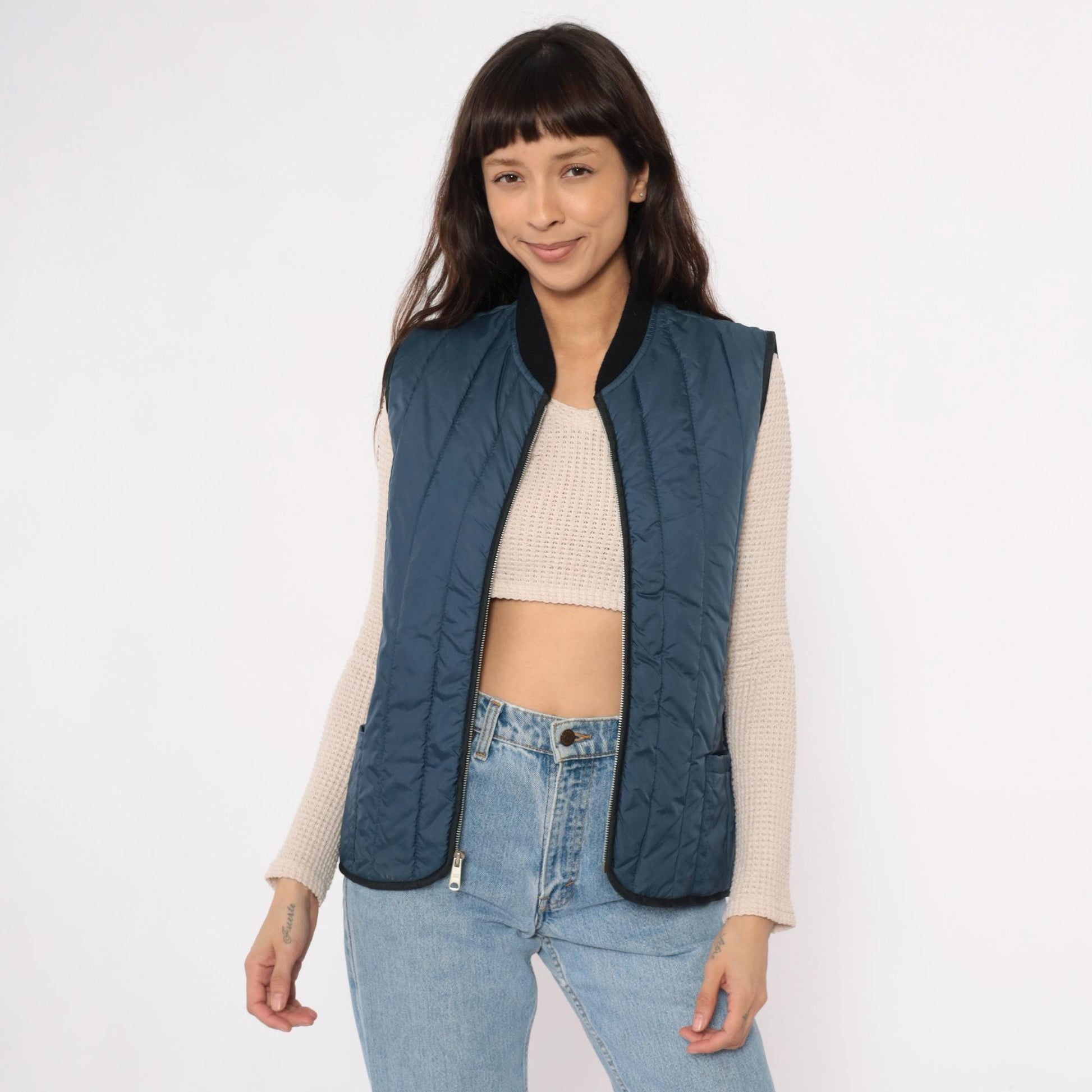 80s Sears Navy Quilted Vest Zip Front Puffer Sleeveless Medium
