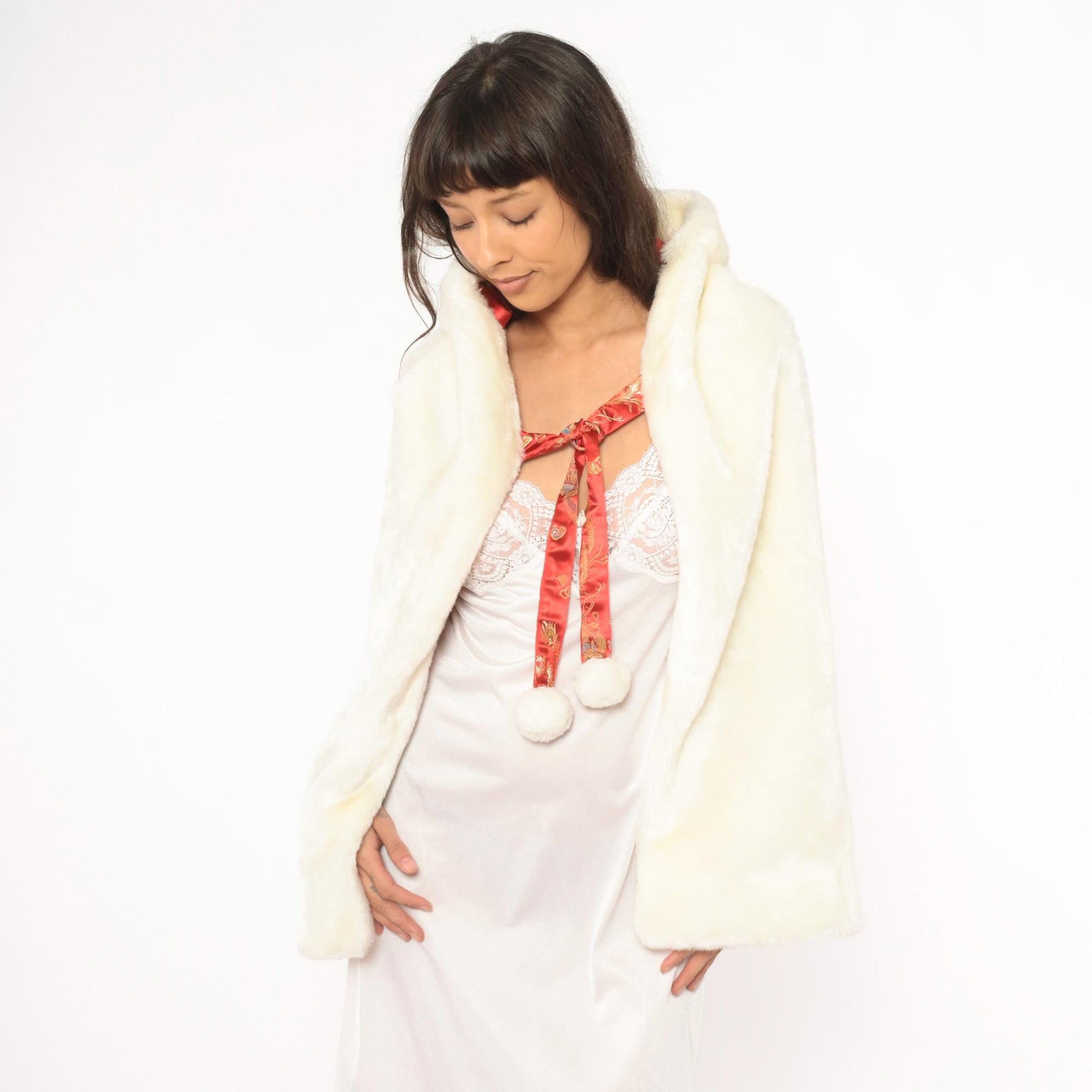 80s Reversible Faux Fur Cape Red Dragon Phoenix Brocade Hooded Cloak Extra Extra Small
