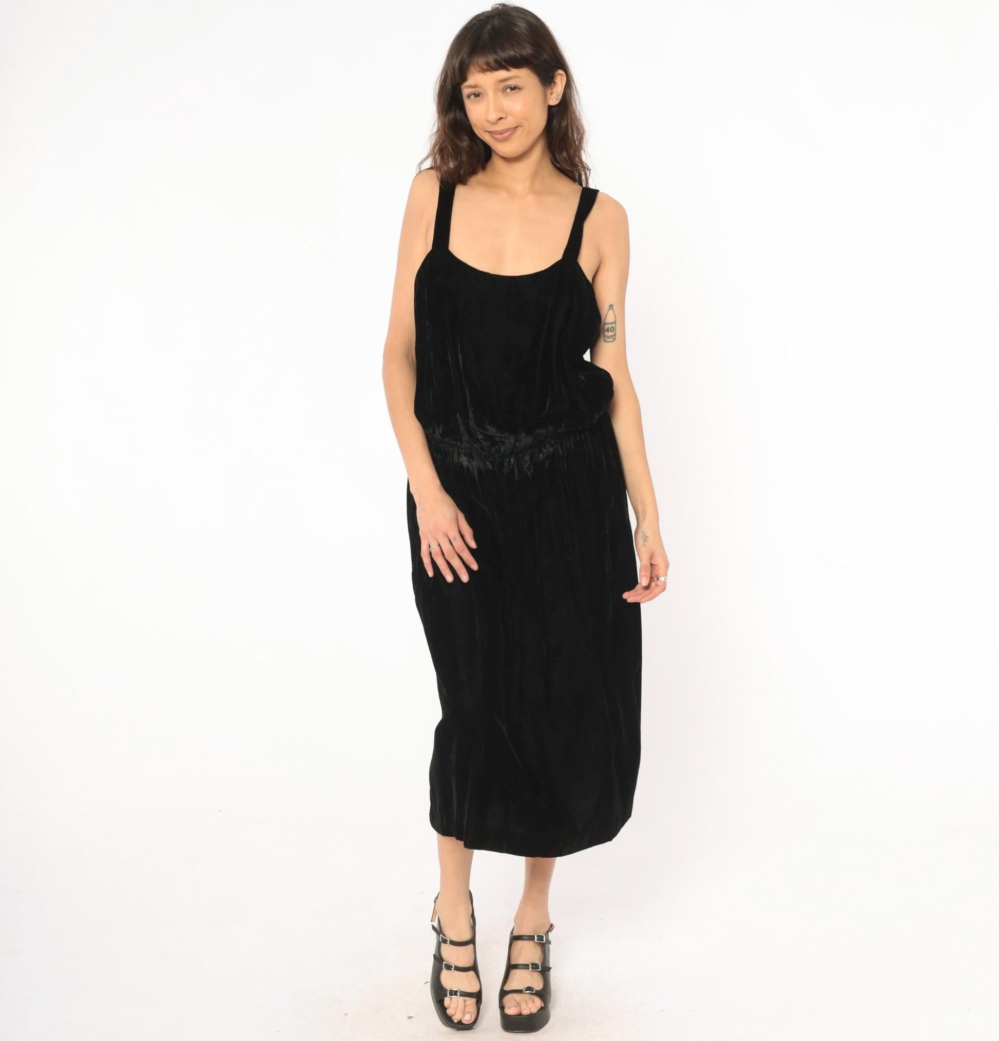 80s Black Velvet Sleeveless Dress Gathered Waist Scoop Neck Midi Large L