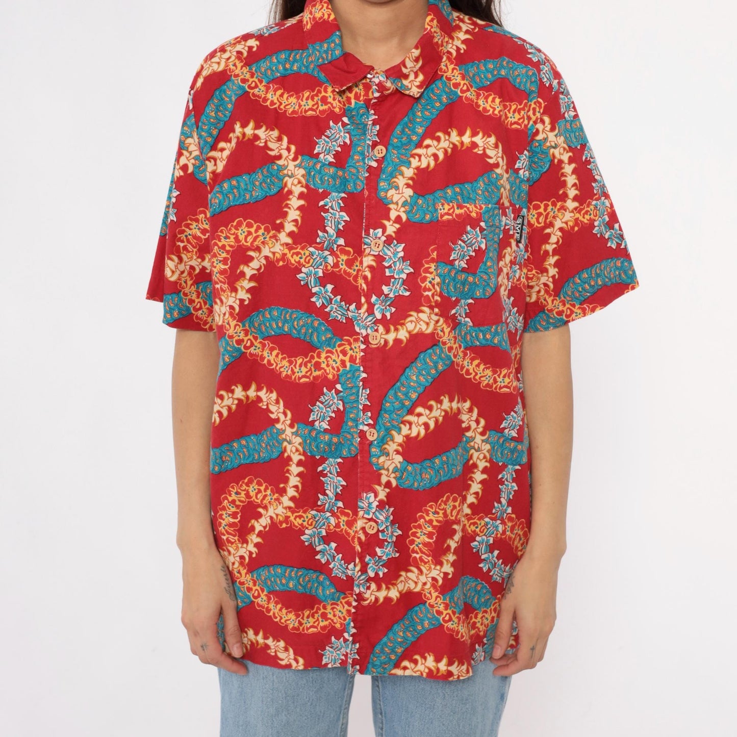 90s Hawaiian Shirt Red Lei Print Camp Collar Cotton Mens Extra Large XL