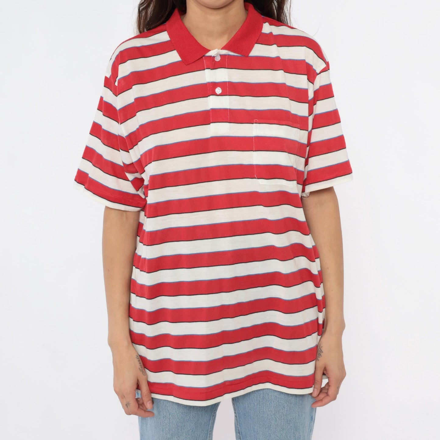 80s Striped Polo Shirt Red Cream Blue Horizontal Stripes Short Sleeve Extra Large XL