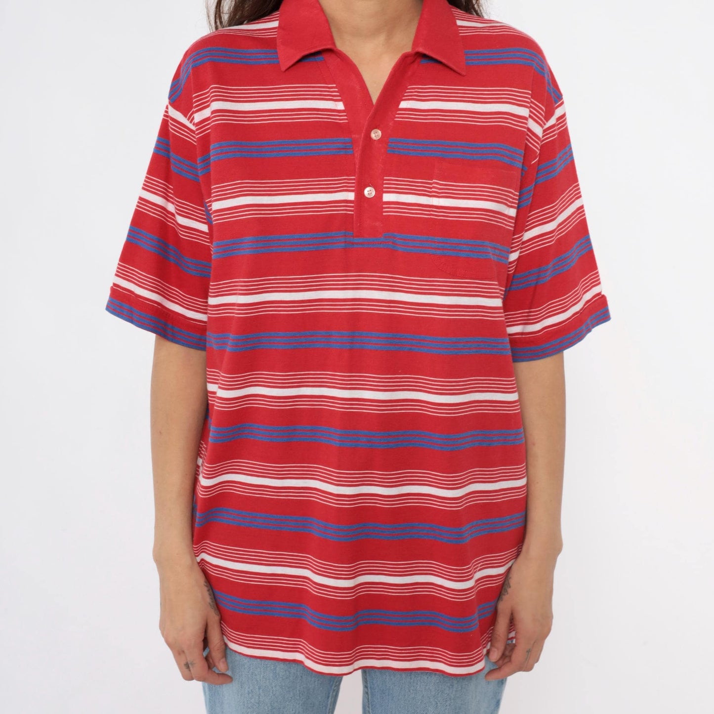80s Red Striped Polo Shirt White Blue Horizontal Stripes Collared Extra Large XL