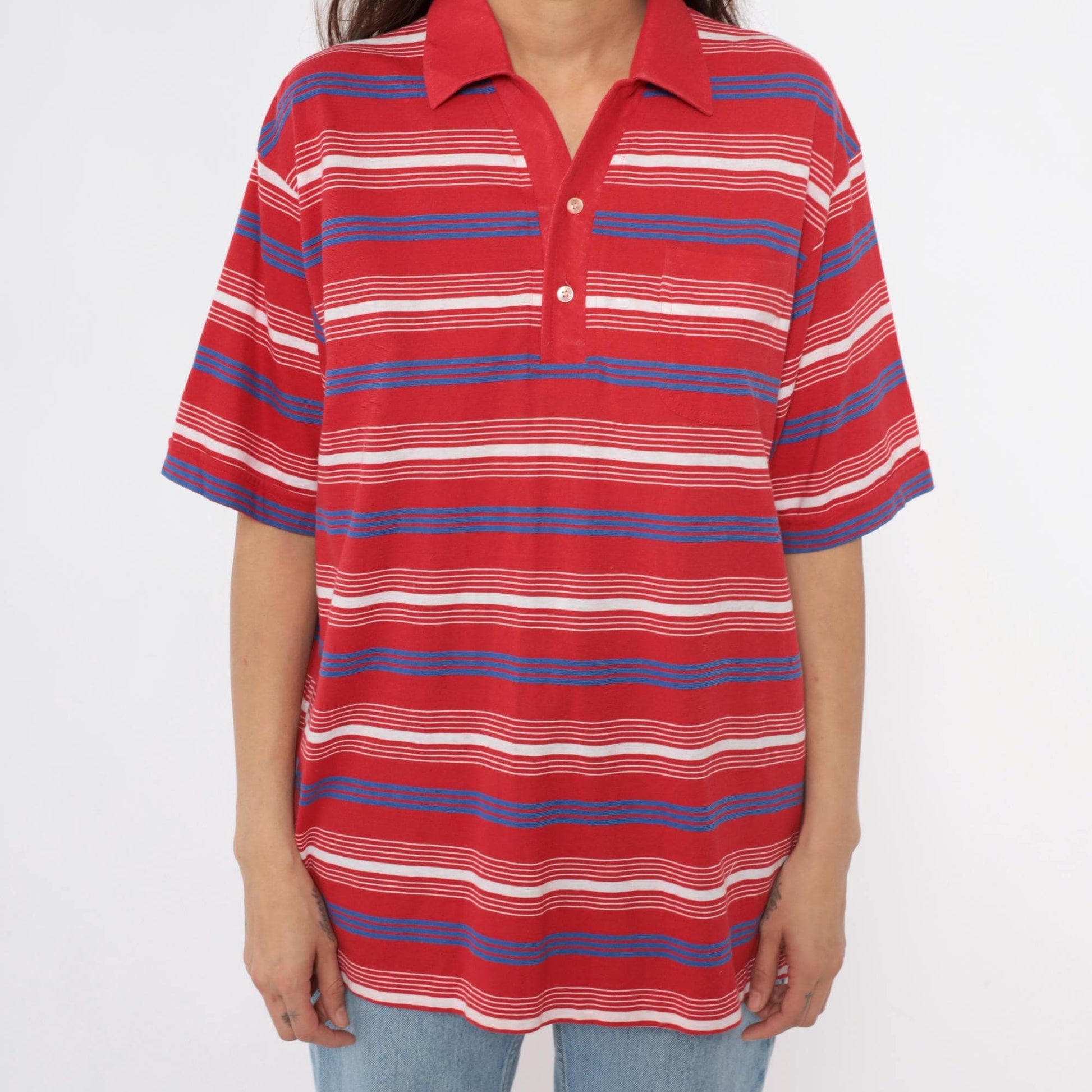 80s Red Striped Polo Shirt White Blue Horizontal Stripes Collared Extra Large XL