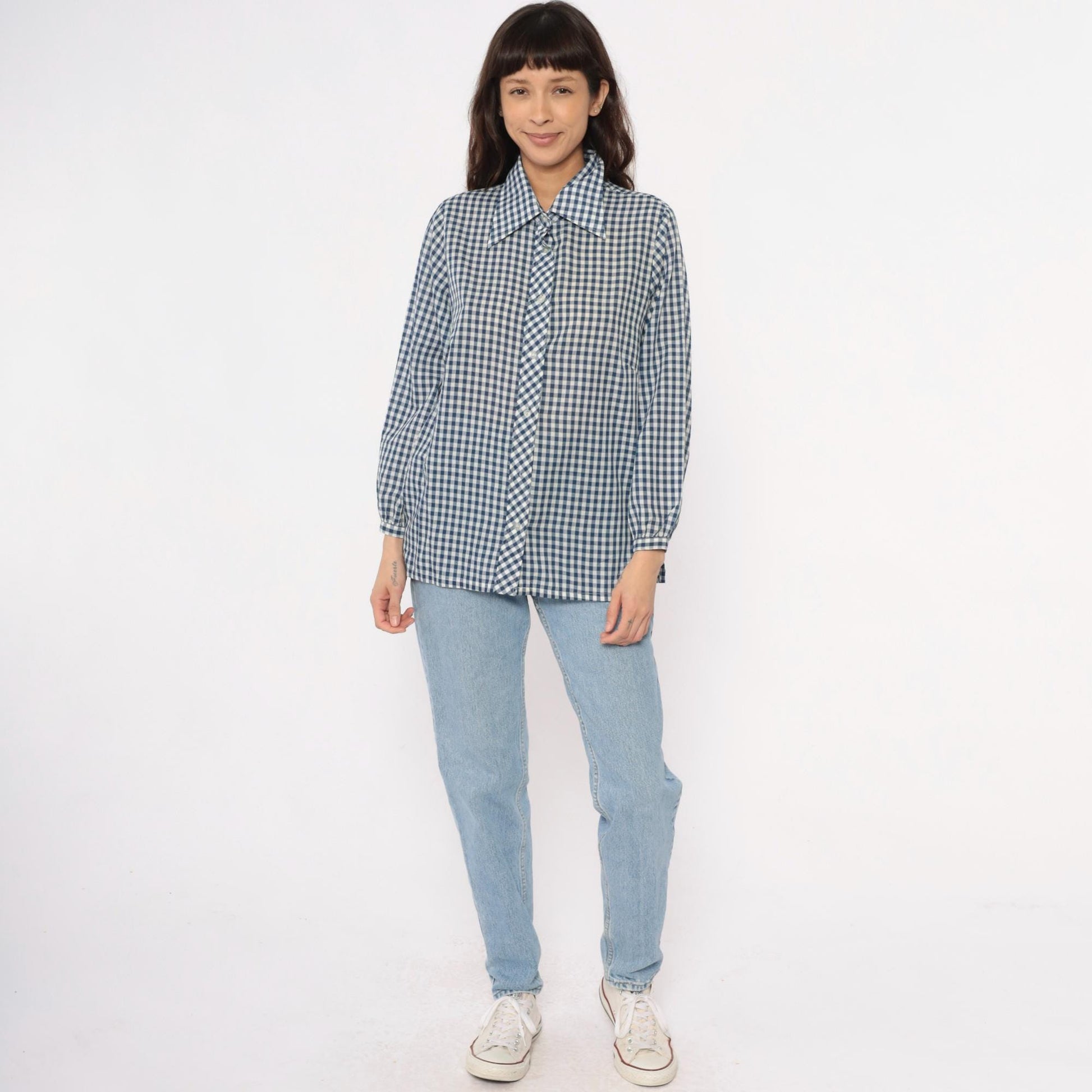 80s Lane Bryant Navy Gingham Check Button-Up Blouse Peter Pan Collar Plus Size XXL