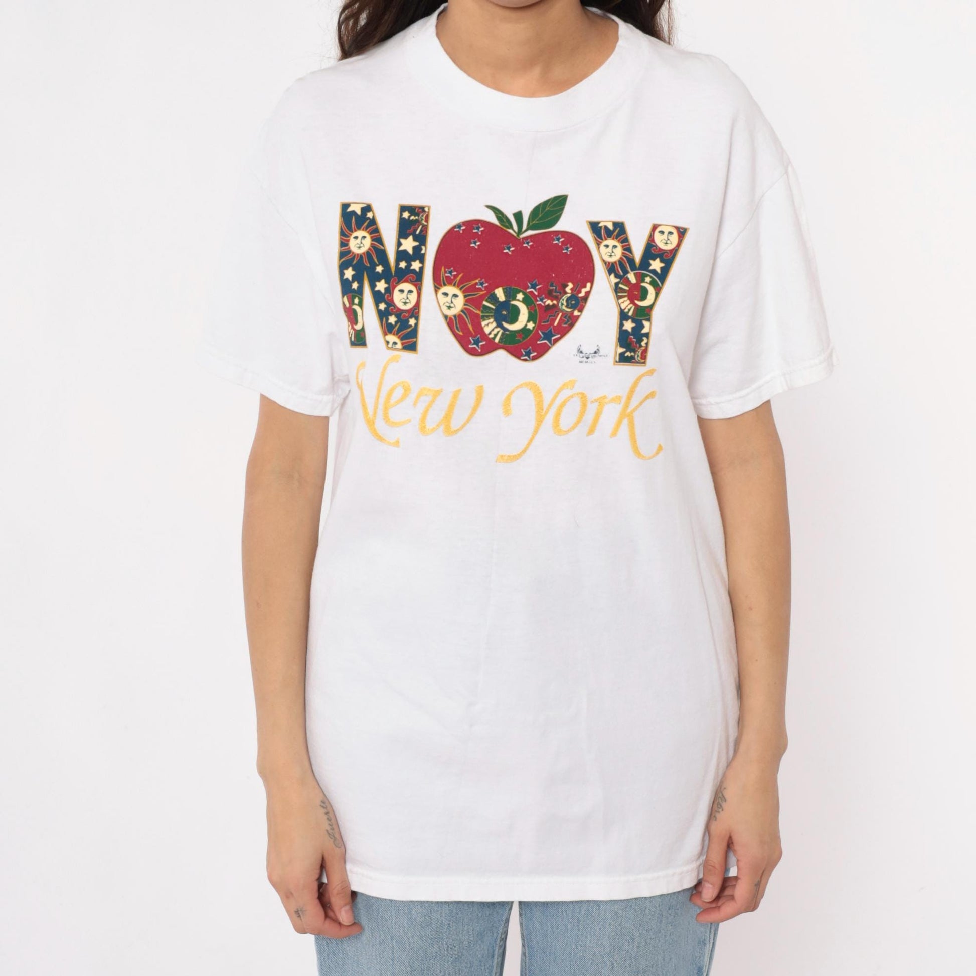 90s New York Celestial Graphic T-Shirt White Cotton Medium M