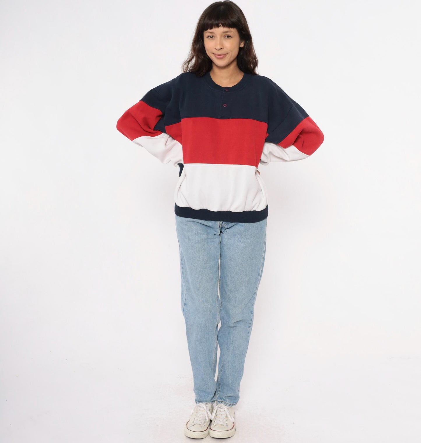 80s Color Block Sweatshirt Navy Red White Striped Henley Button Neck Medium