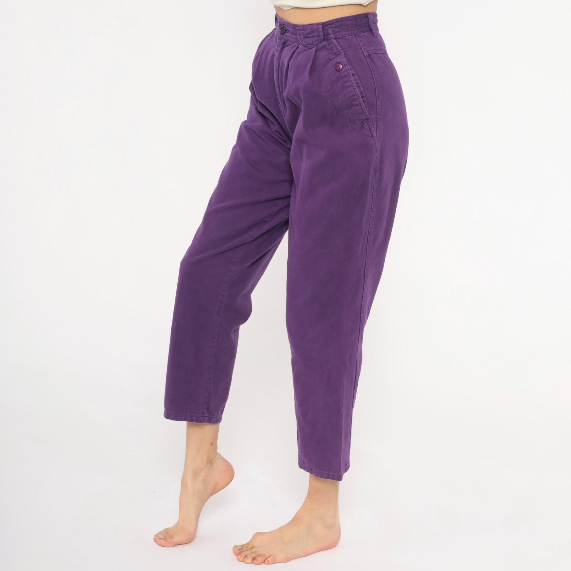 90s Sierra Purple Pleated High-Waisted Trousers Cotton Tapered Ankle XS