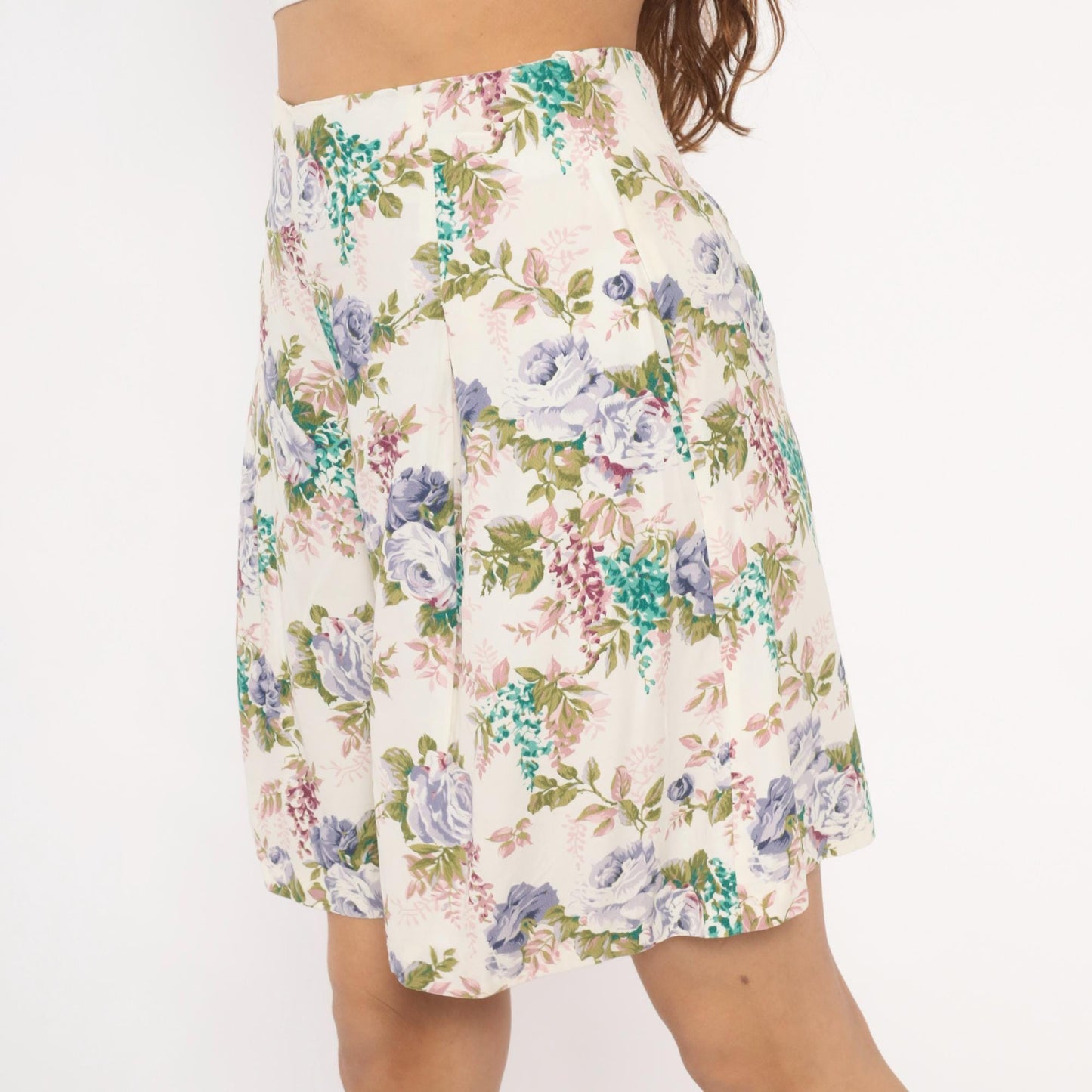 90s Floral Culotte Shorts High Waist Wide Leg Ivory Purple Rose Medium
