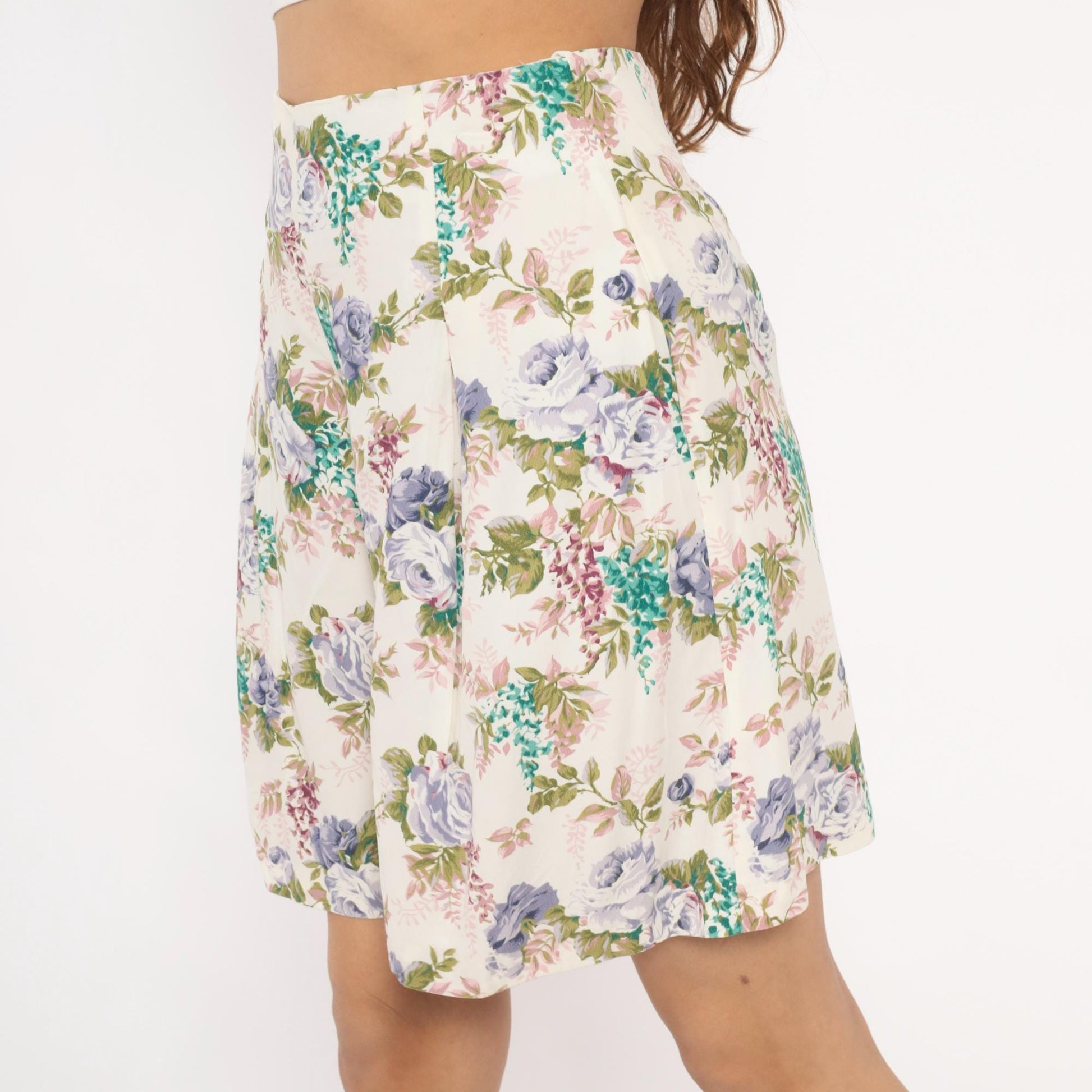 90s Floral Culotte Shorts High Waist Wide Leg Ivory Purple Rose Medium