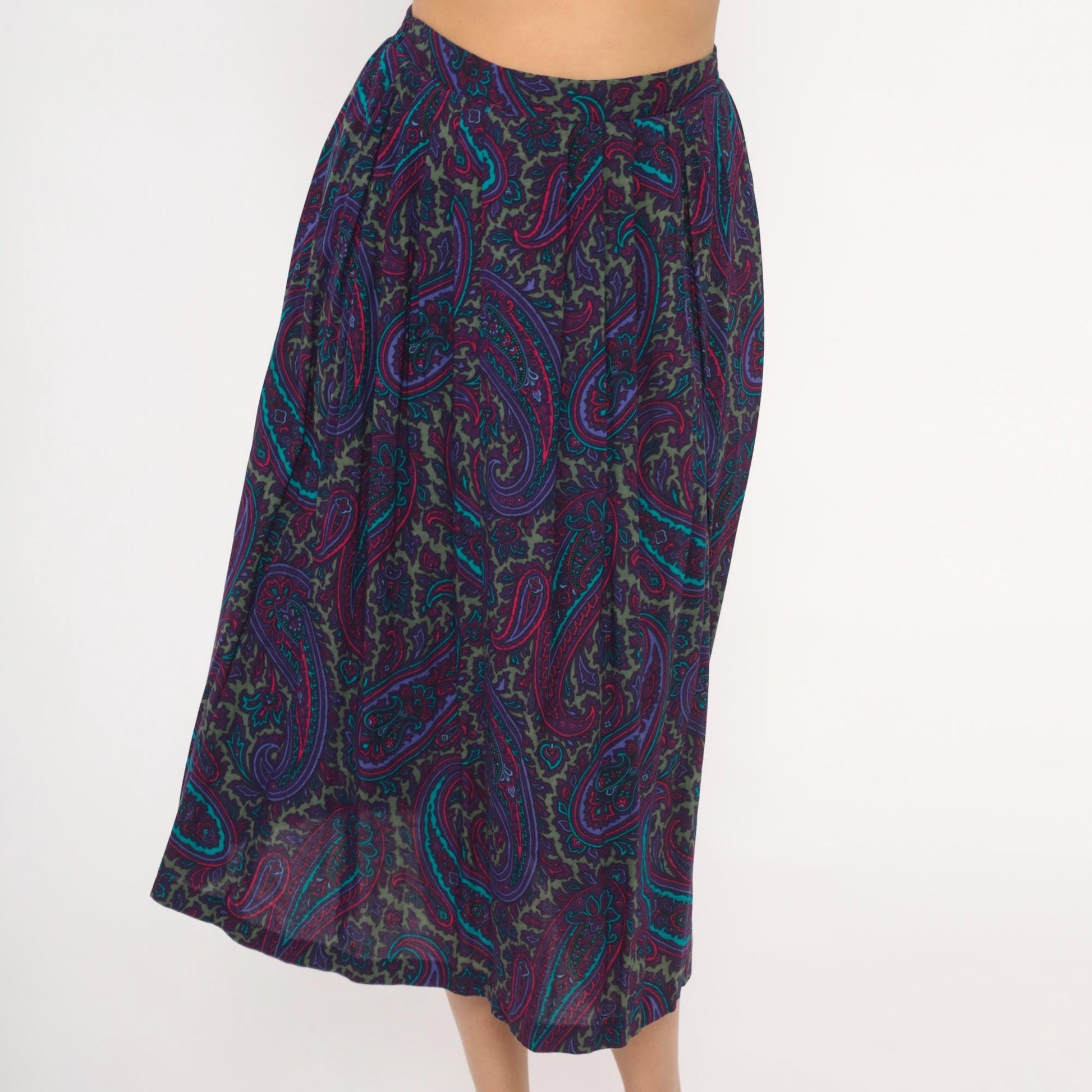 80s Paisley Midi Skirt Purple Teal A-Line Gathered Waist Small Medium