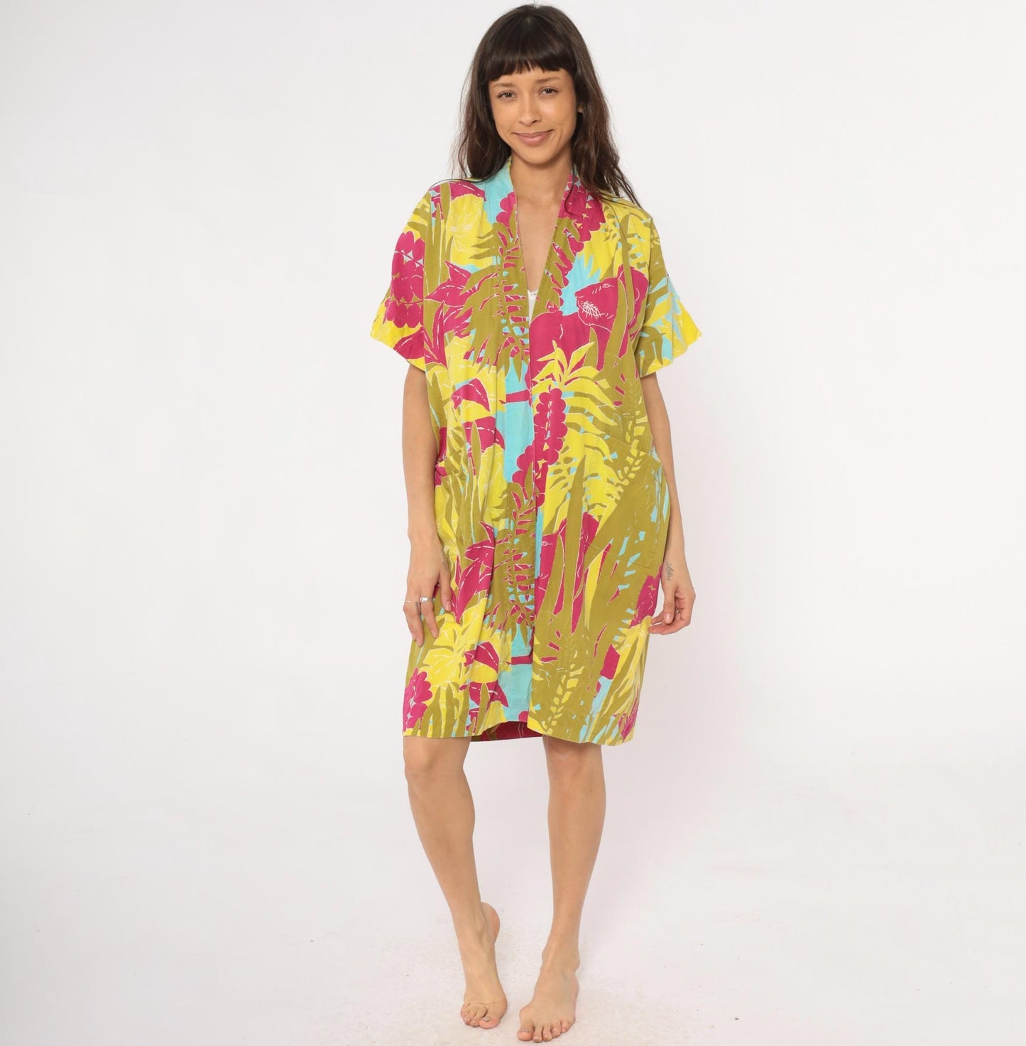 80s Lion Jungle Tropical Kimono Robe Knee Length Cotton Small Medium