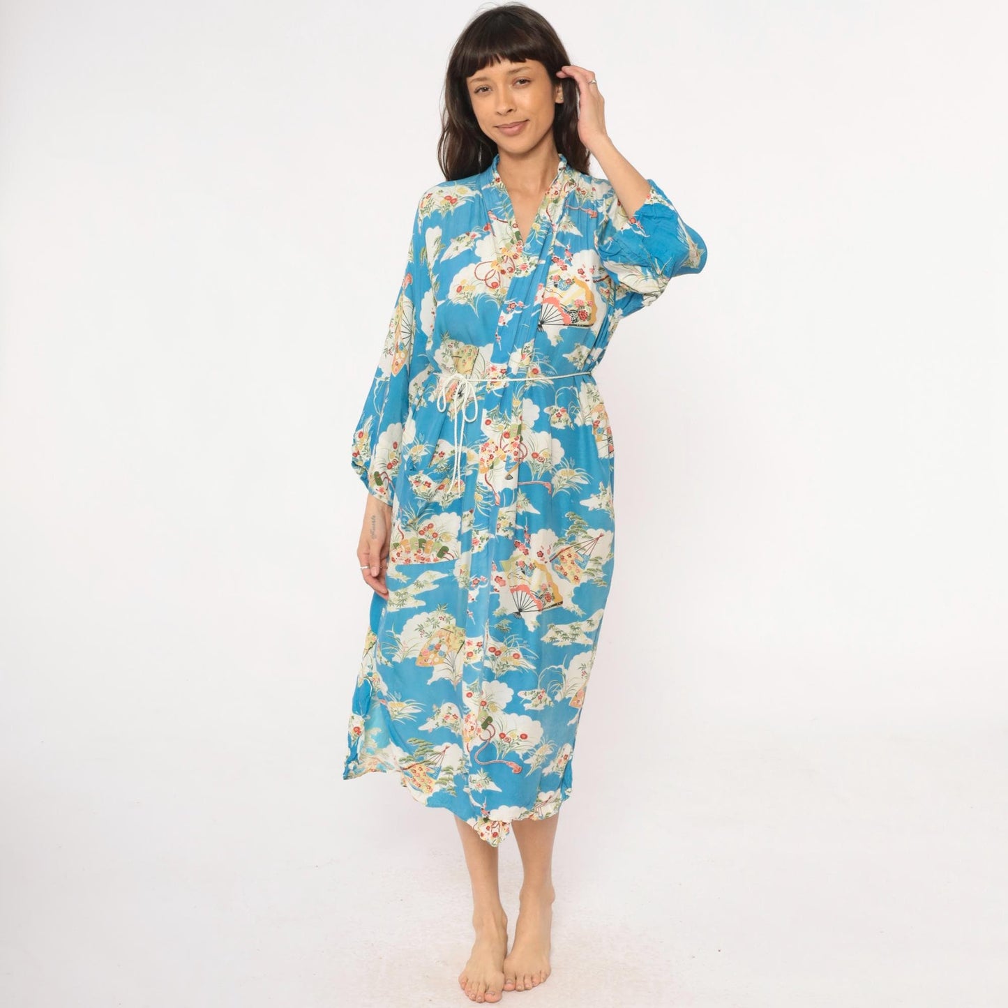 80s Japanese Fan Kimono Robe Blue Floral Maxi Cotton Wrap Large L