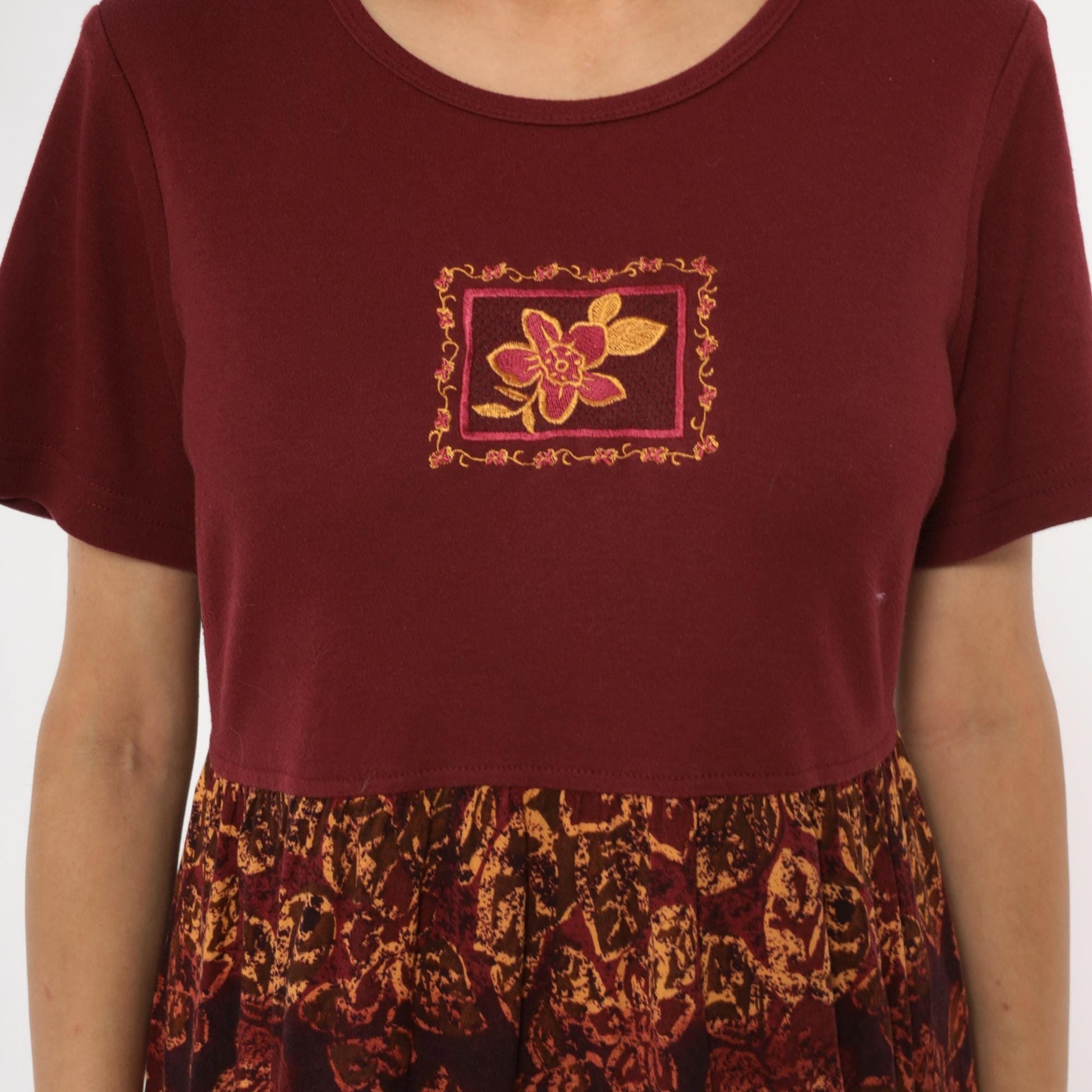 90s Burgundy Colorblock Floral Embroidered Midi Dress Rayon Medium M