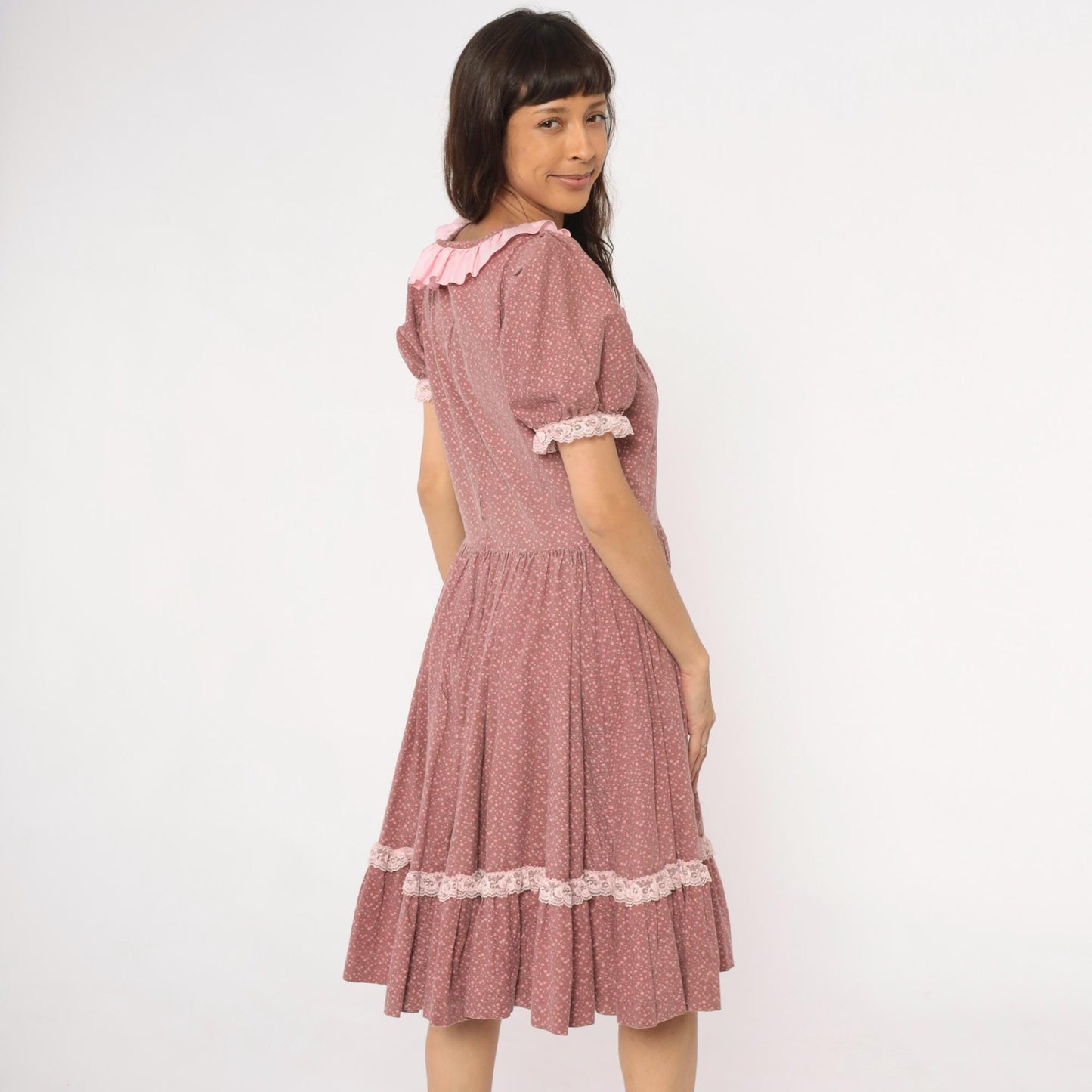 70s Prairie Dress Floral Dusty Rose Puff Sleeve Ruffle Collar Lace Trim Large L
