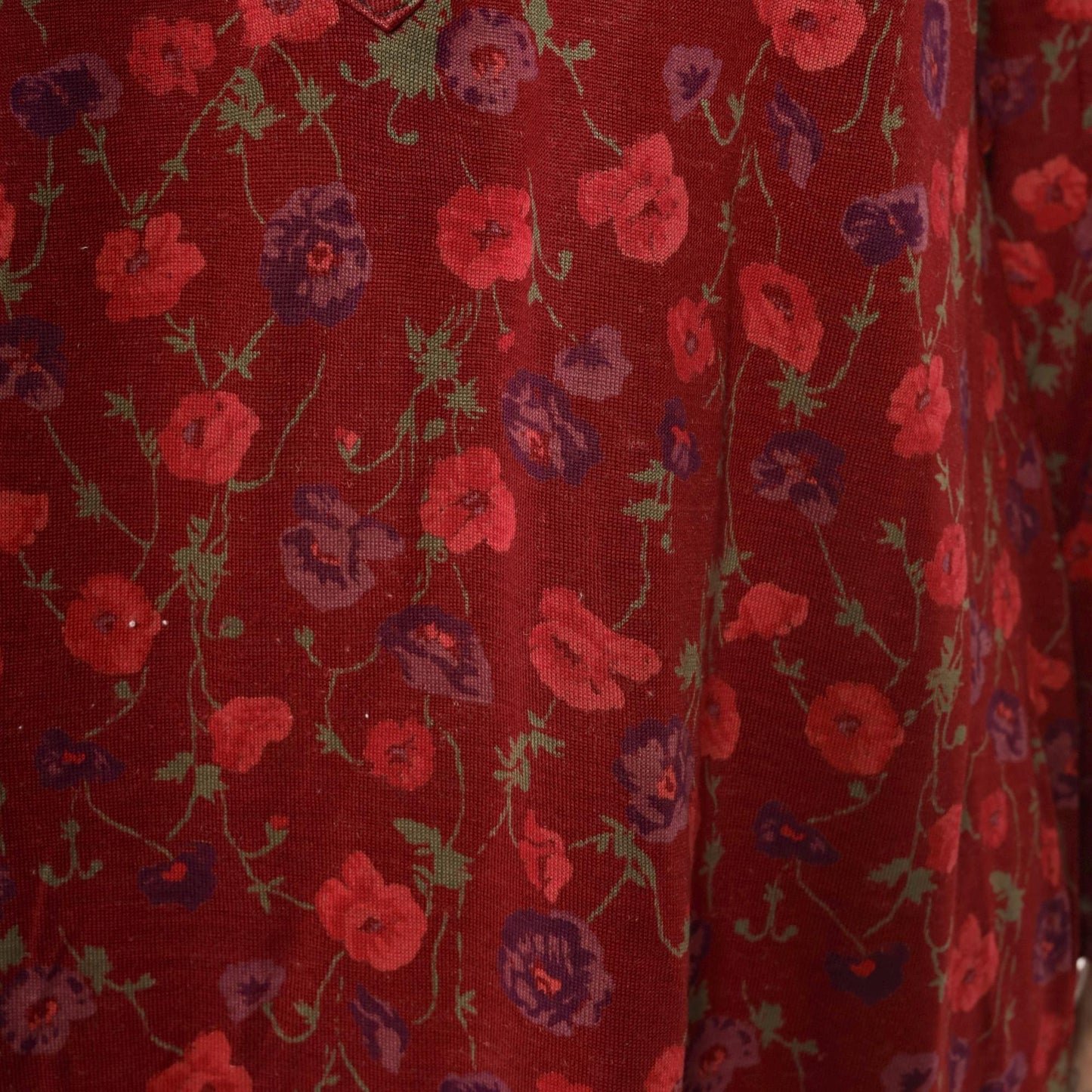 80s Burgundy Floral Midi Dress Long Sleeve Tie Neck Button Front Medium