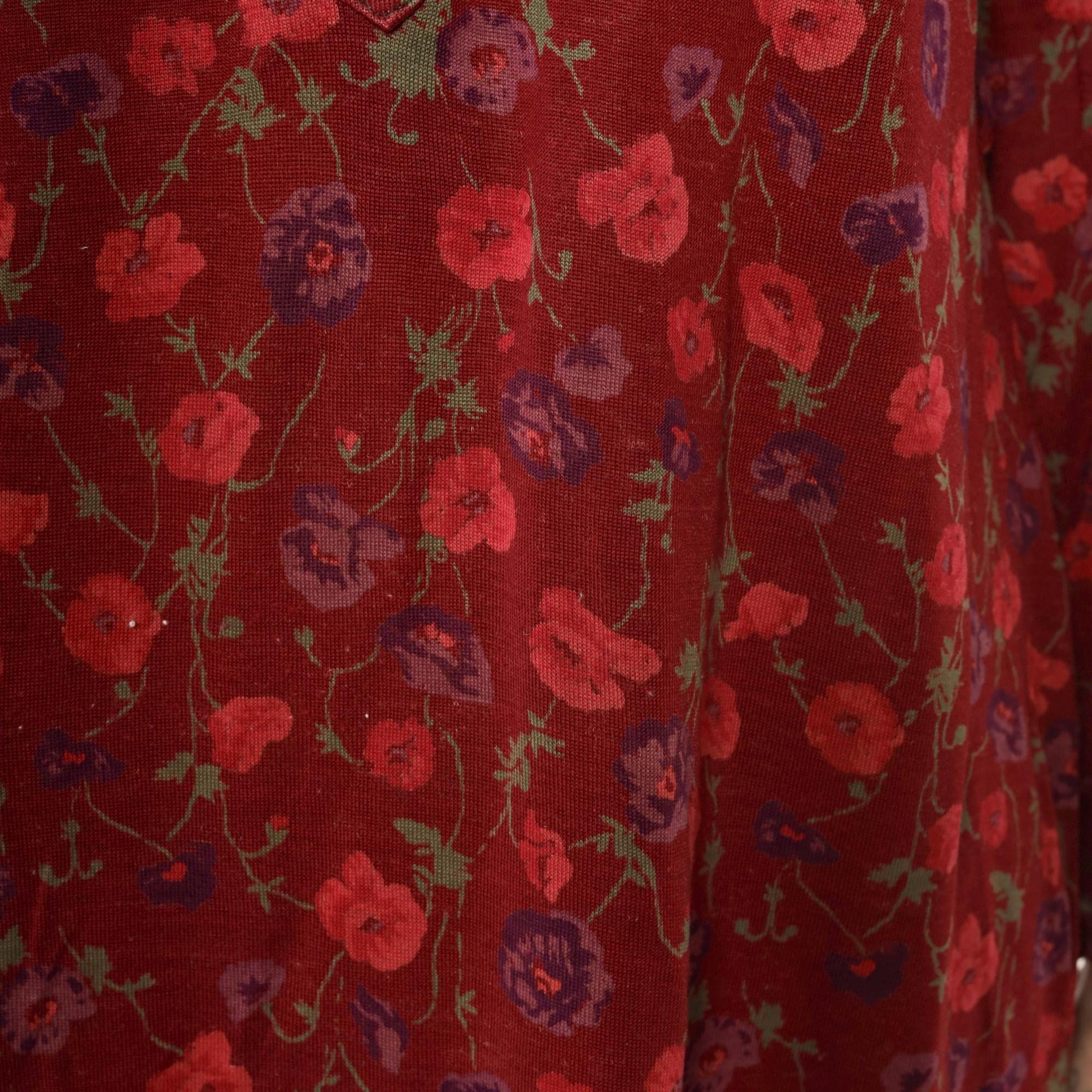 80s Burgundy Floral Midi Dress Long Sleeve Tie Neck Button Front Medium