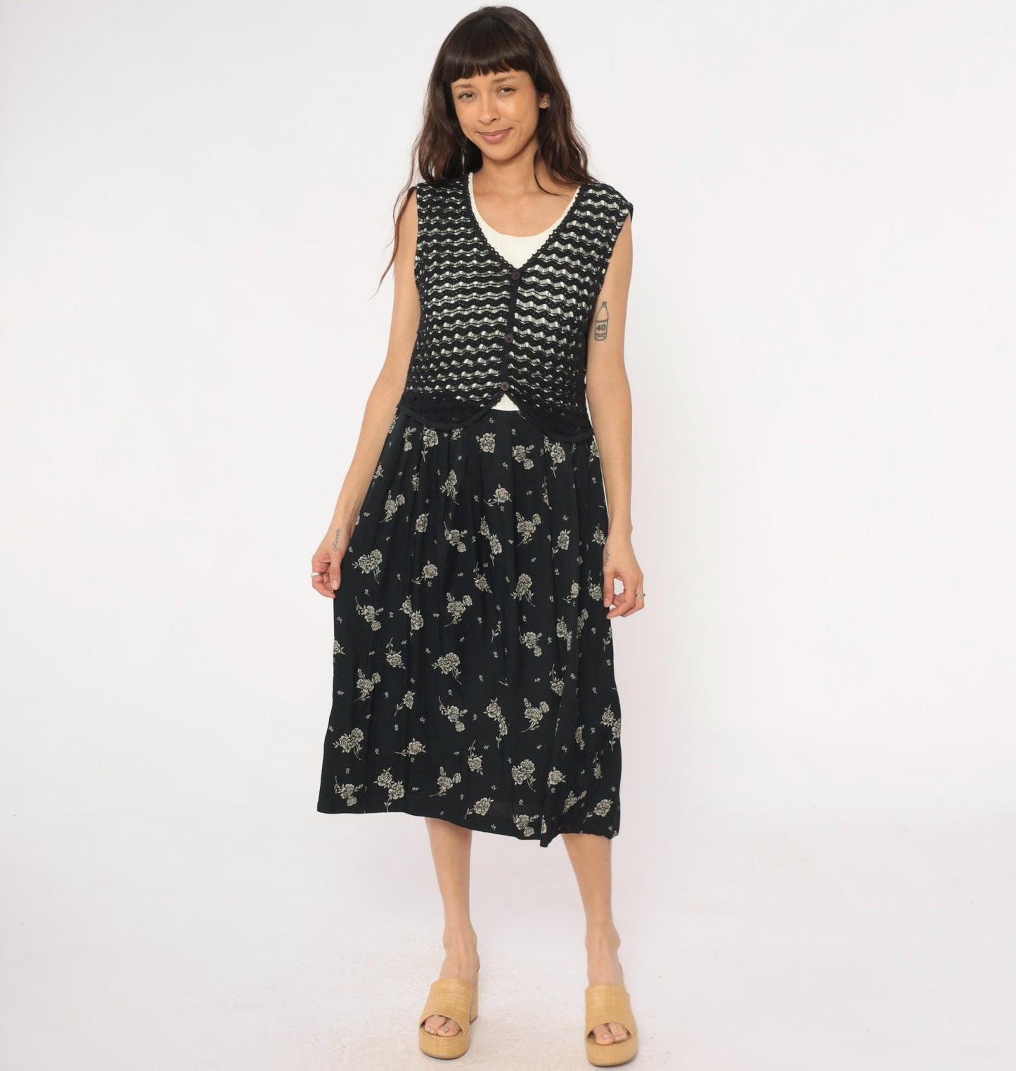 90s Molly Malloy Black Floral Midi Dress with Knit Vest Overlay Small