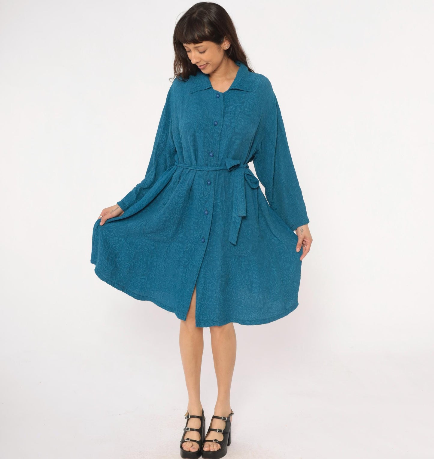 Y2K Teal Jacquard Floral Duster Robe Tie Belt Collared Long Sleeve Large