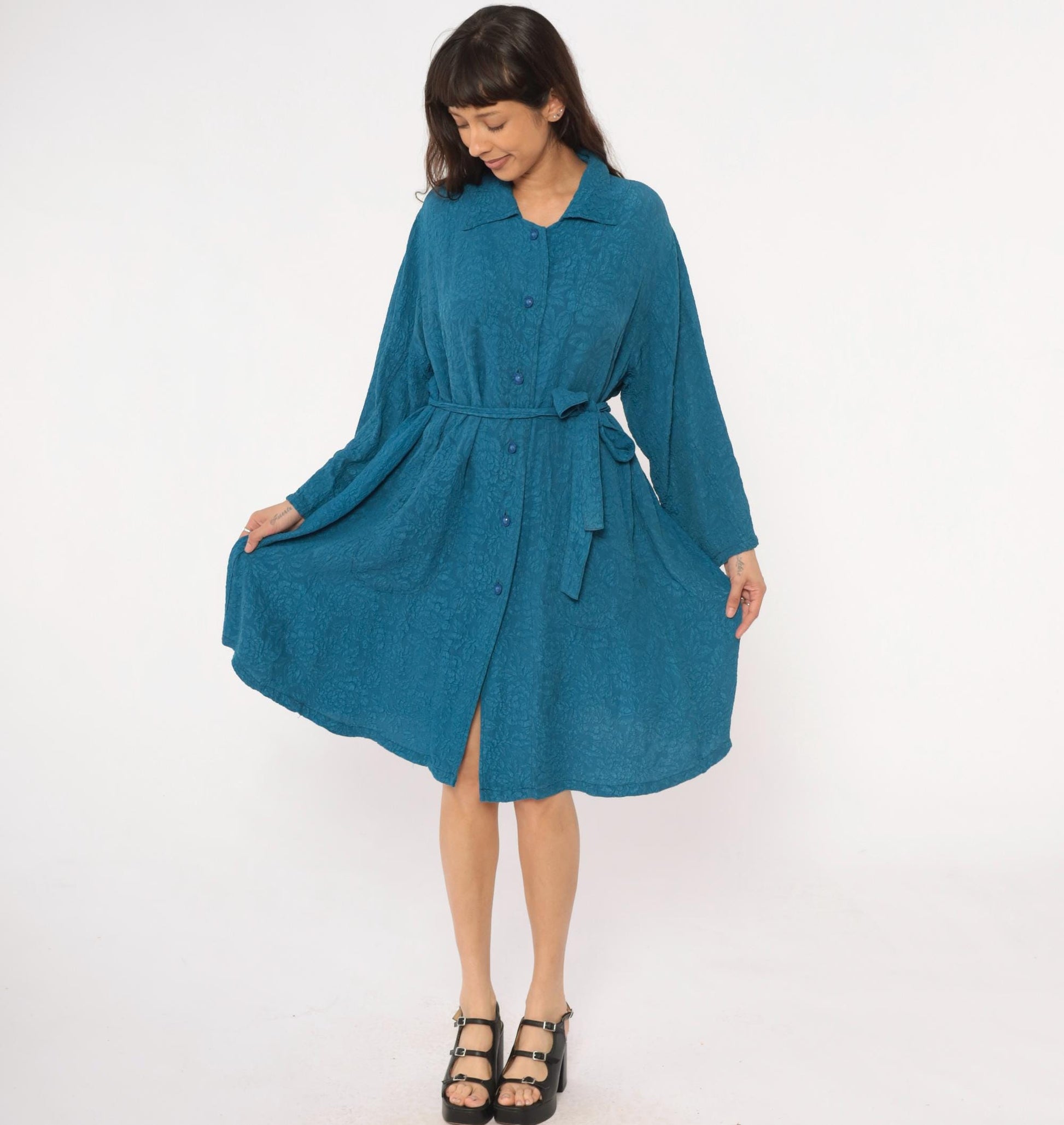 Y2K Teal Jacquard Floral Duster Robe Tie Belt Collared Long Sleeve Large