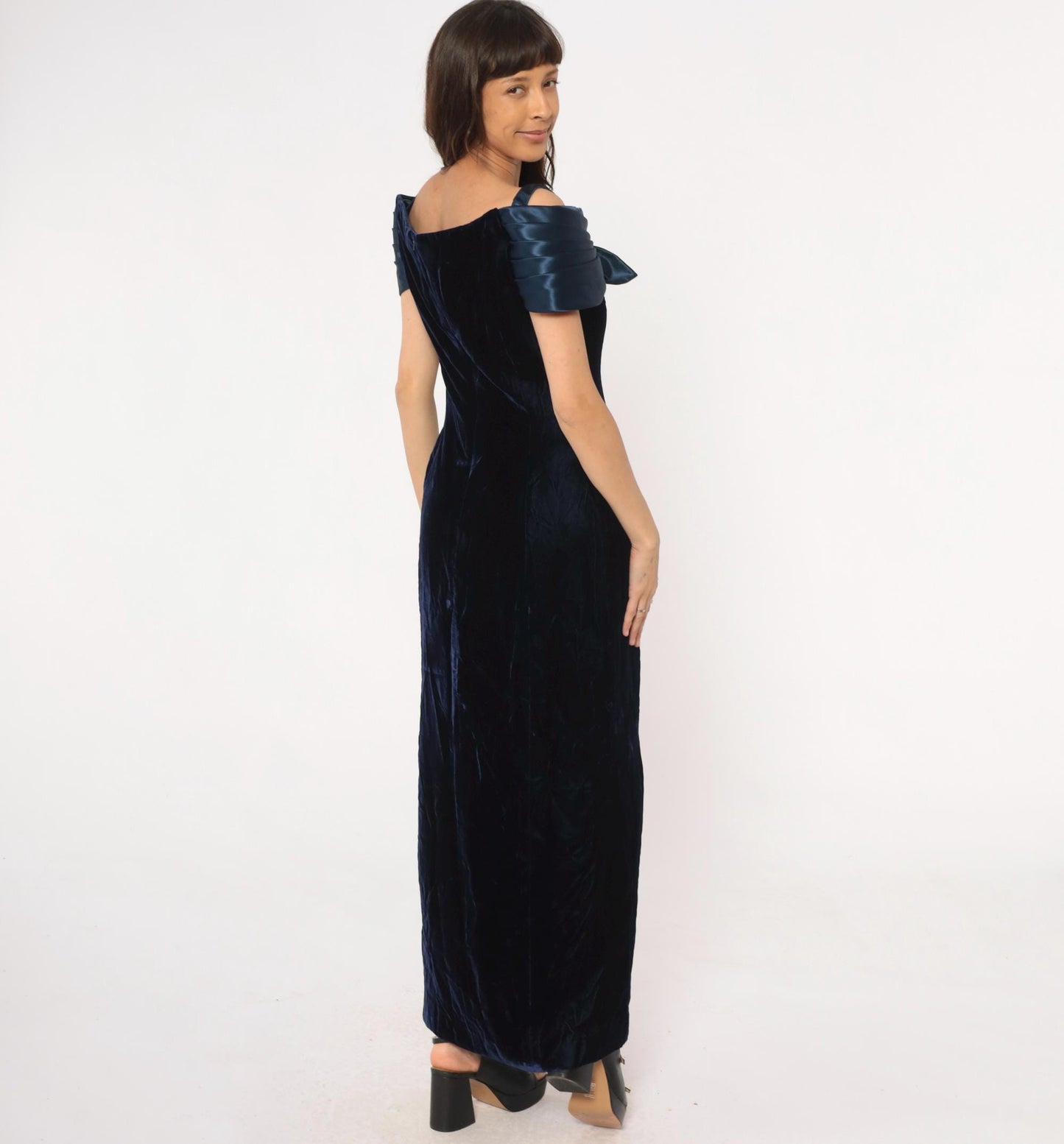 90s Navy Velvet Maxi Dress Off-Shoulder Bow Rhinestone Medium