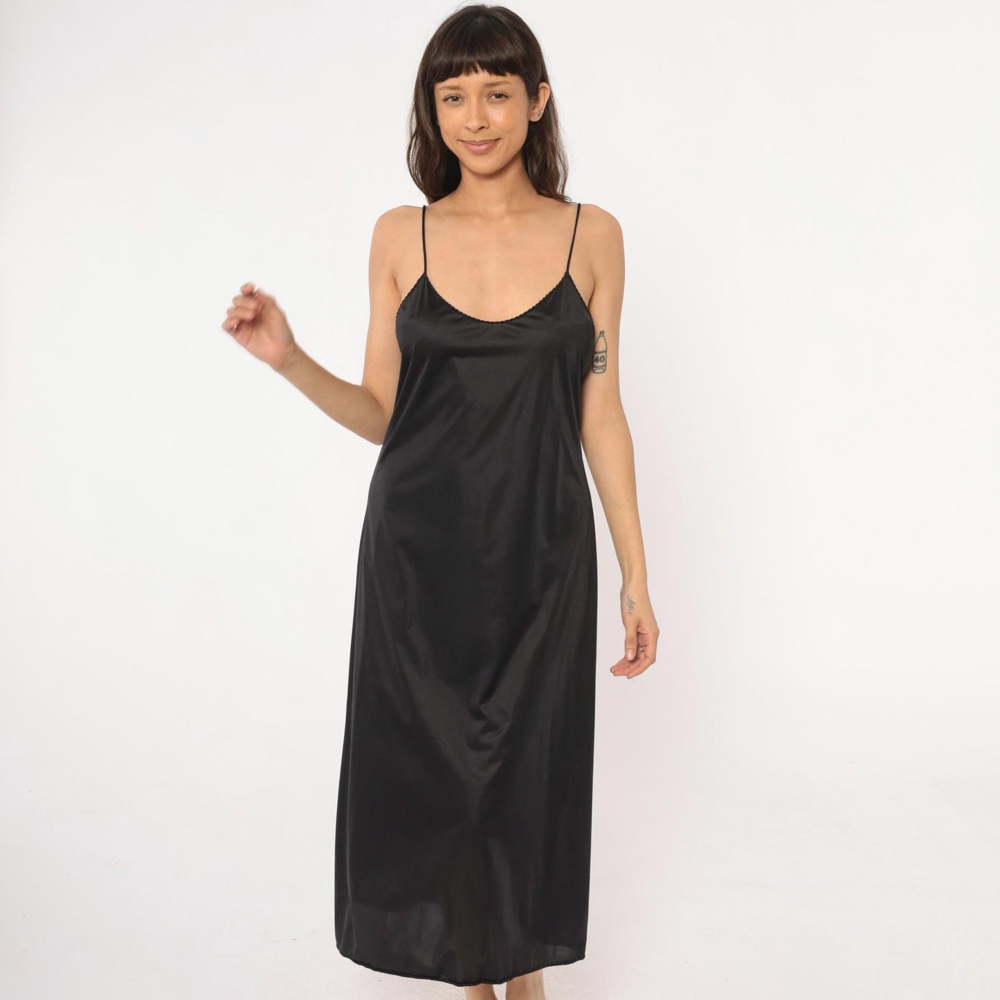 90s Vanity Fair Black Slip Dress Spaghetti Strap Lace Trim Midi Medium