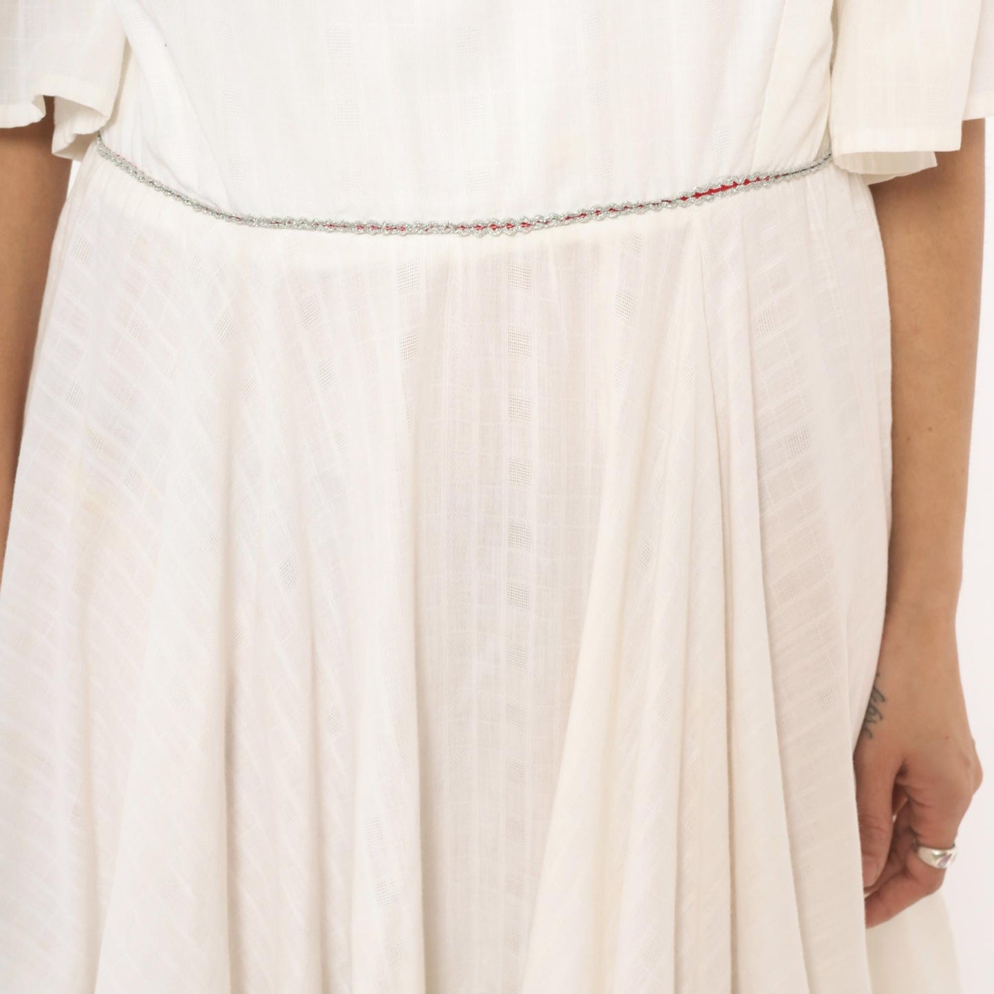 60s Ivory Prairie Dress Tiered Ruffle Bell Sleeve Cotton Knee Length Large L