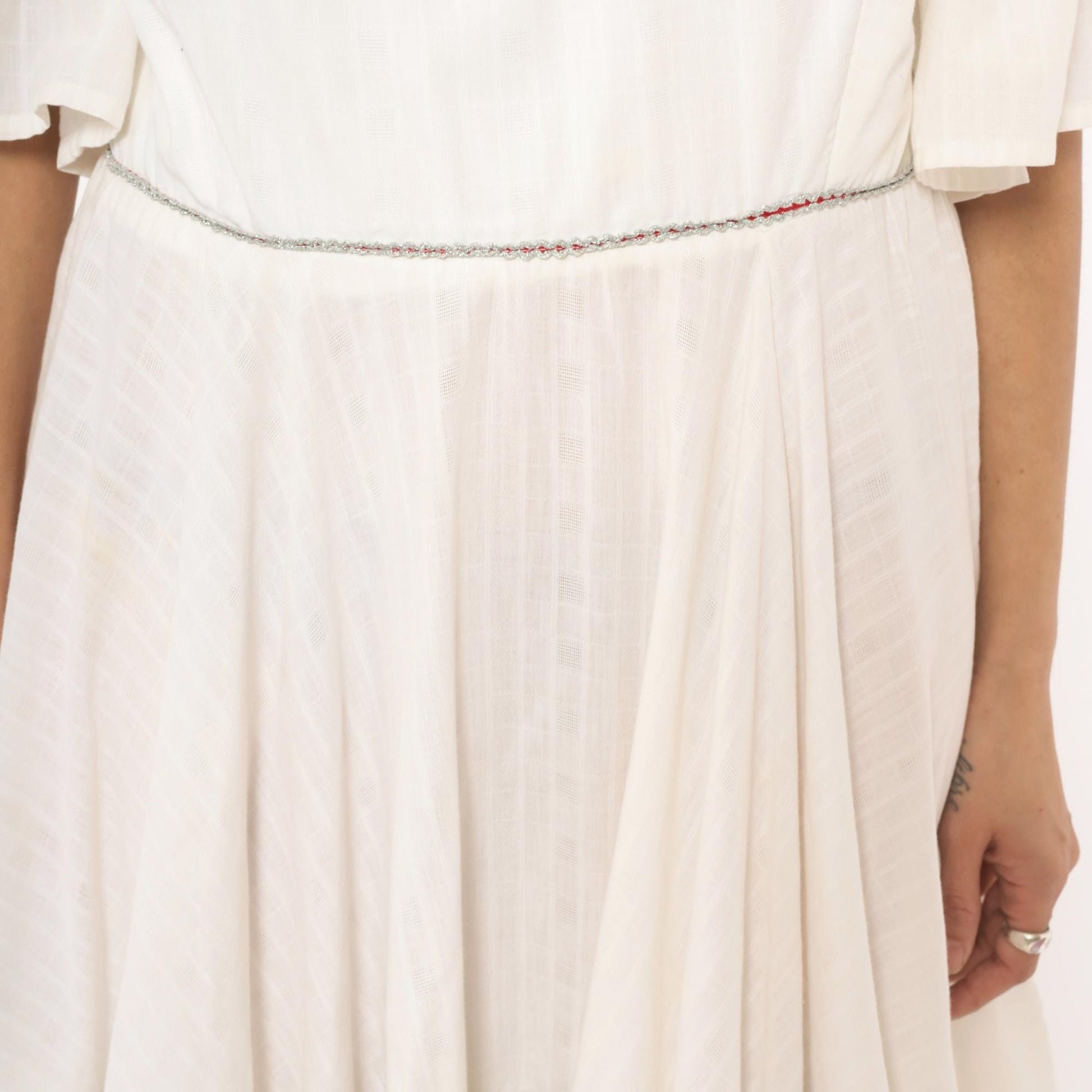 60s Ivory Prairie Dress Tiered Ruffle Bell Sleeve Cotton Knee Length Large L