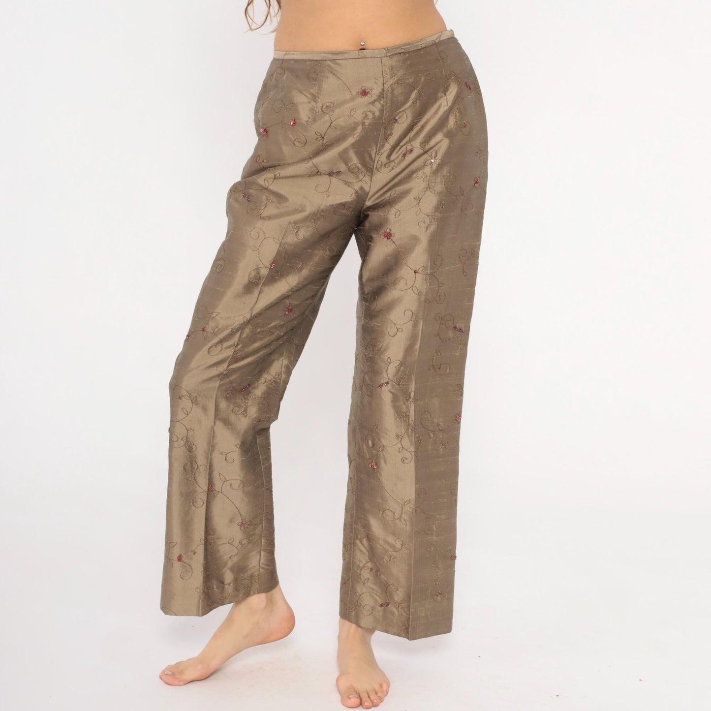 2000s Depeche Mode Silk Trousers Embroidered Floral Tan Low Rise Straight Medium M