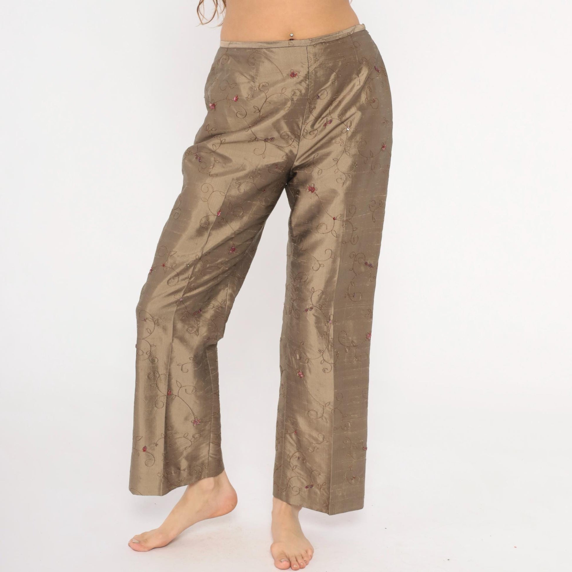 2000s Depeche Mode Silk Trousers Embroidered Floral Tan Low Rise Straight Medium M