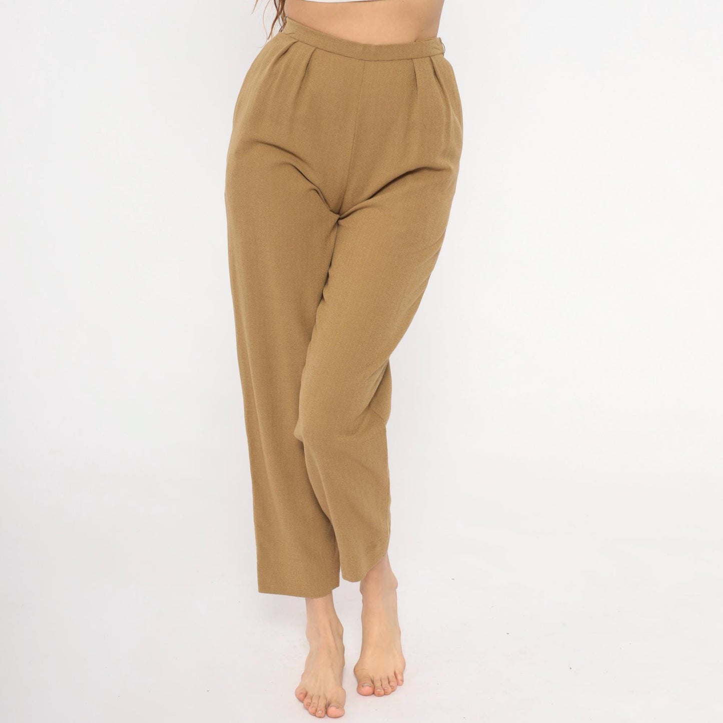 80s Tan Pleated High-Waist Wool Trousers Tapered Ankle Crop Extra Small