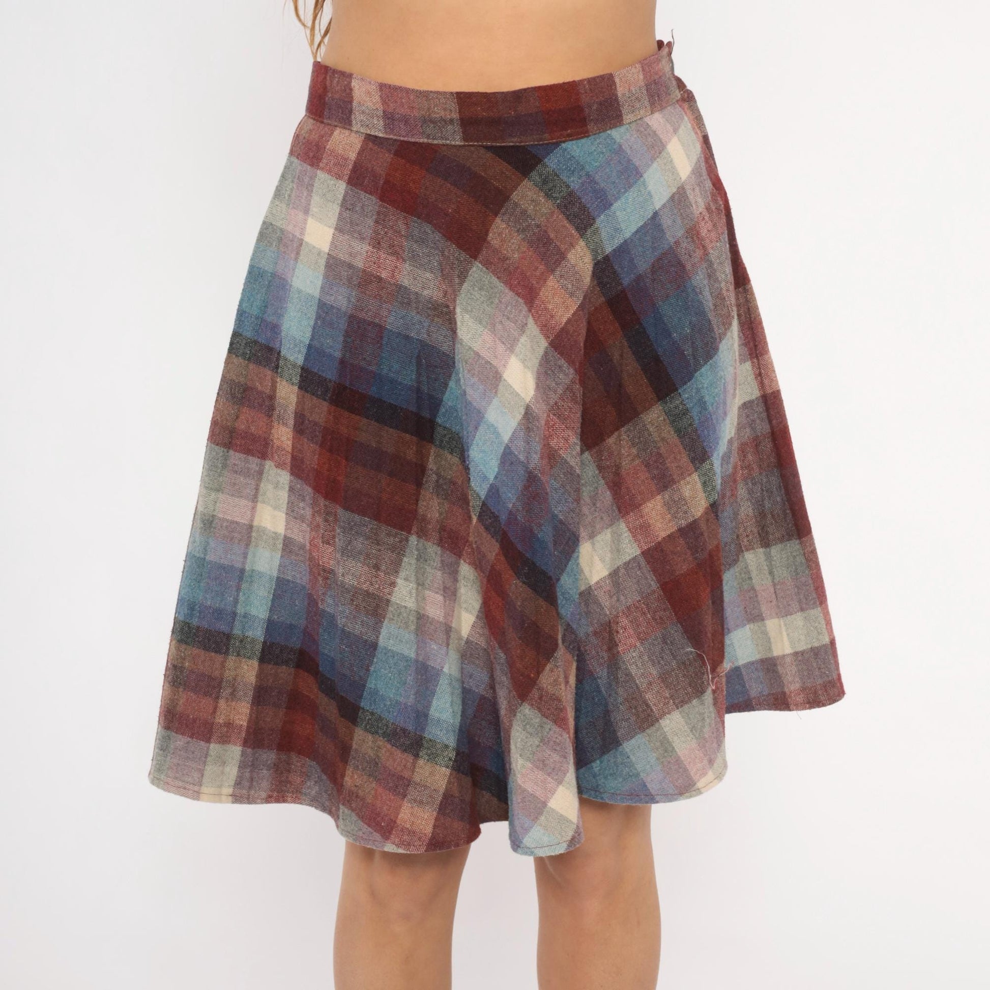 80s Plaid Wool Skirt Knee-Length A-Line Burgundy Purple Blue Checkered Medium M
