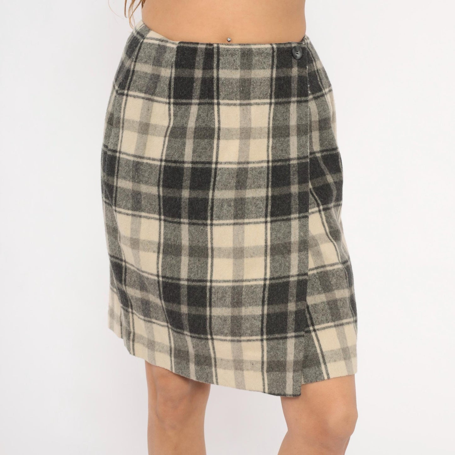 2000s Lands End Plaid Wool Mini Skirt Charcoal Cream Wrap Front Medium M