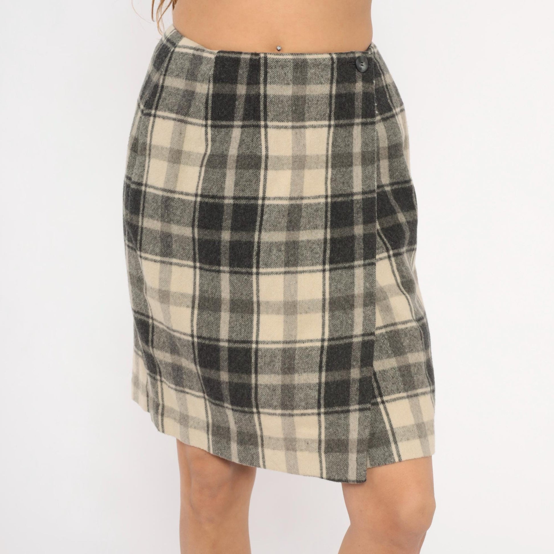 2000s Lands End Plaid Wool Mini Skirt Charcoal Cream Wrap Front Medium M
