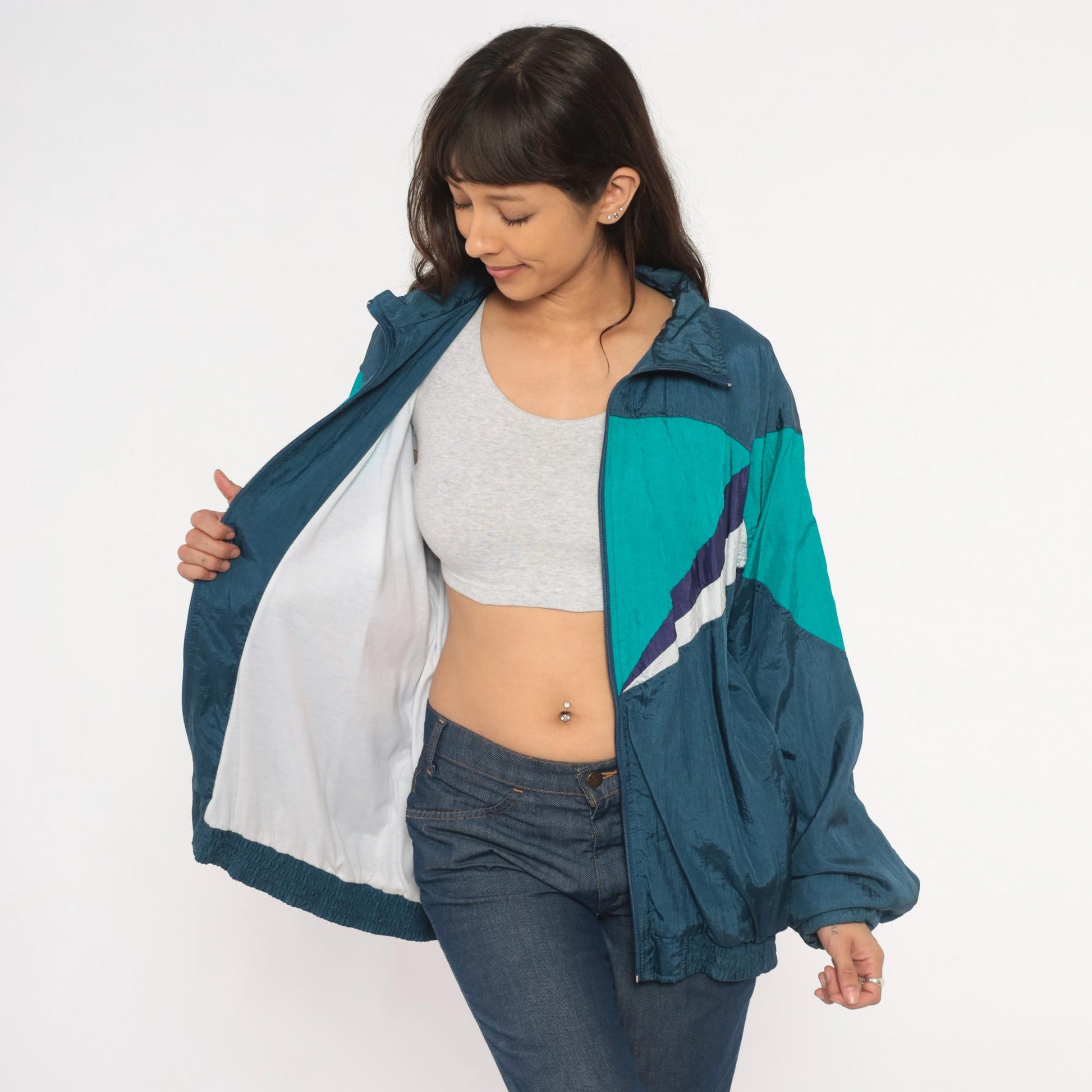 90s Champs Style Windbreaker Chevron Colorblock Teal Navy Purple XL