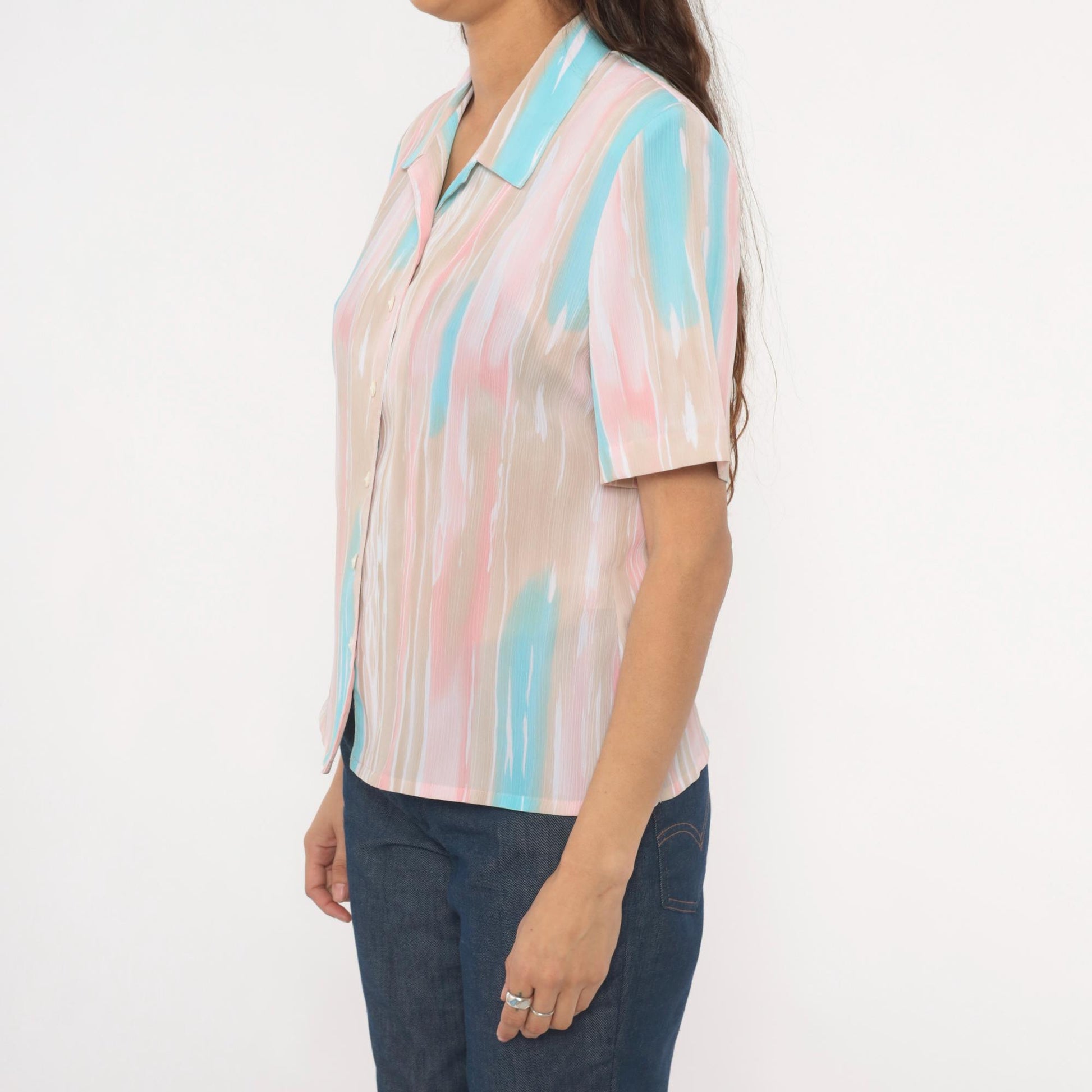 80s Allison Daley Pastel Striped Camp Collar Blouse Small Petite