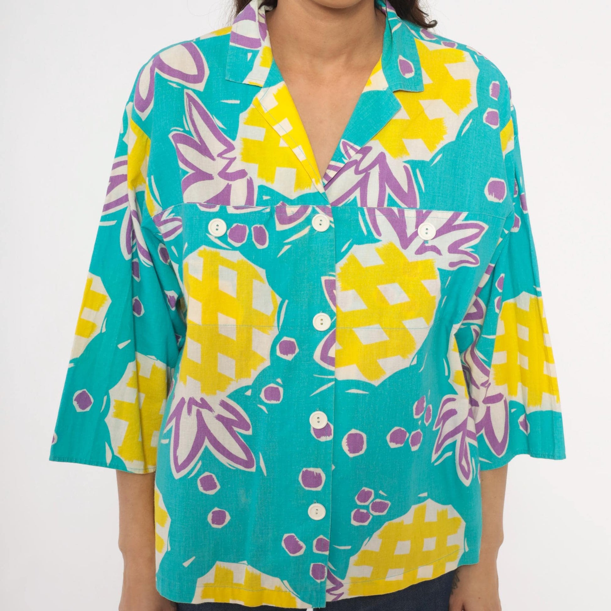 90s Young Hawaii Pineapple Print Blouse Teal Yellow V-Neck Large L