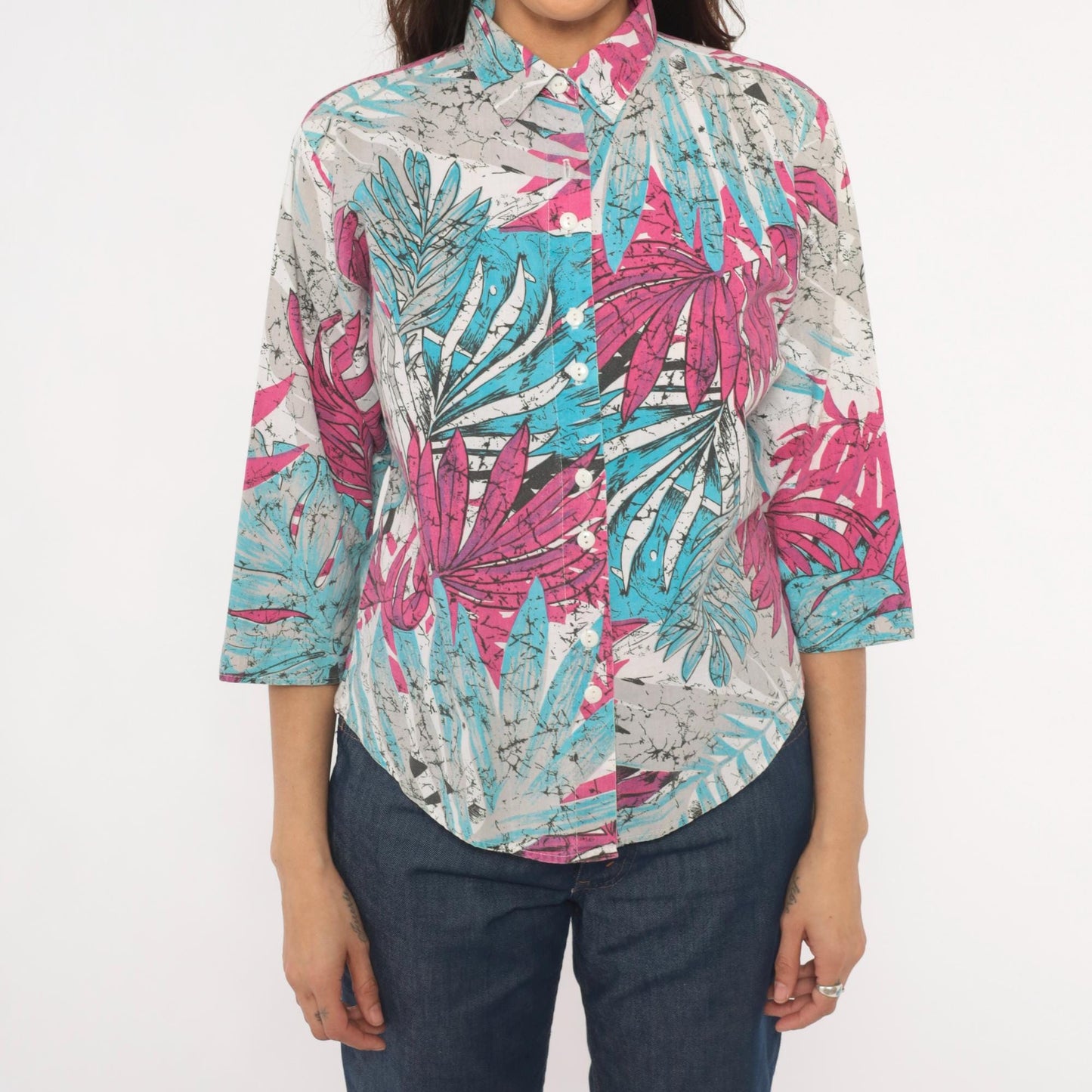 90s Tropical Batik Button Blouse Pink Teal Palm Leaf Three Quarter Sleeve Medium M