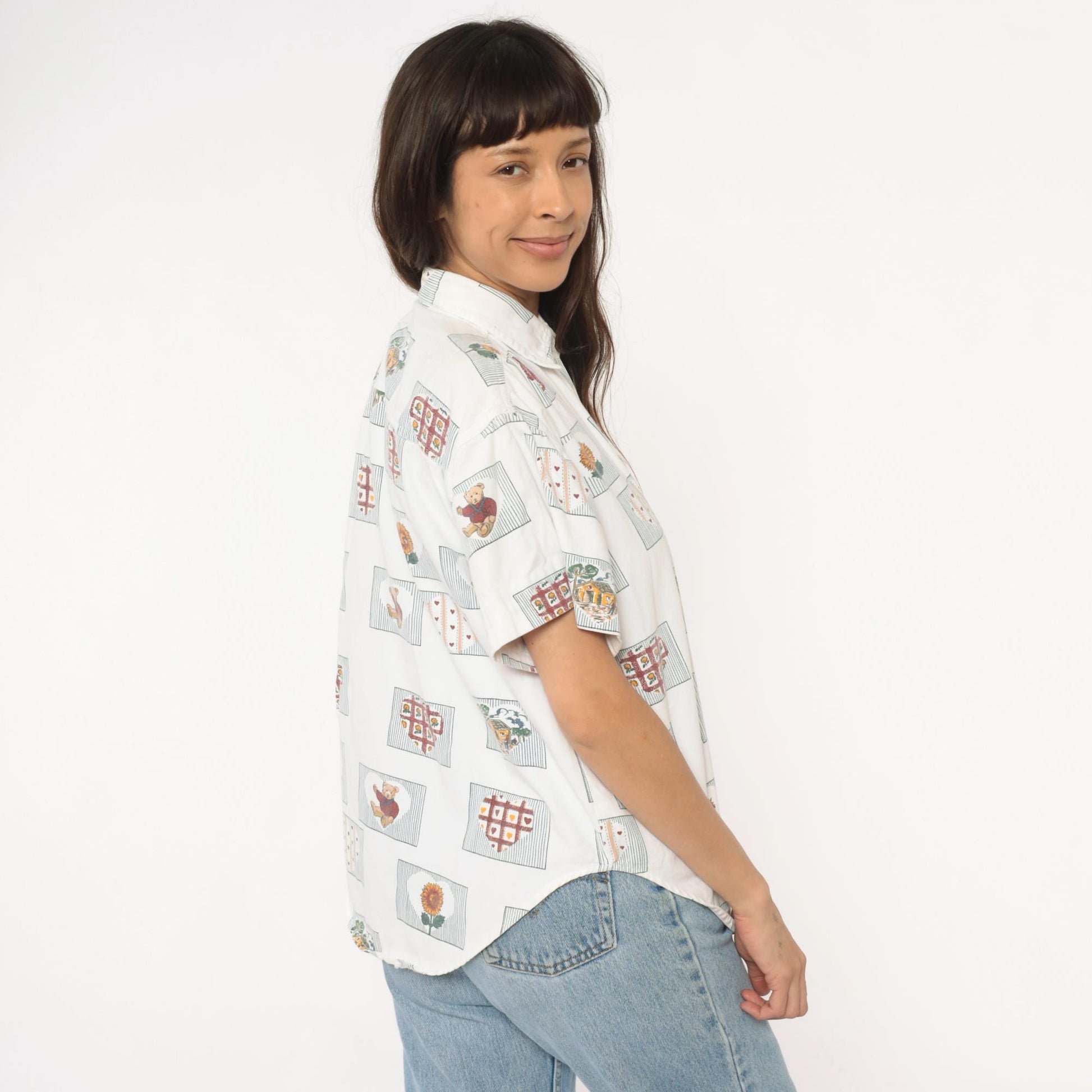 90s Cream Cotton Button-Up Shirt Sunflower Teddy Bear Heart Print Large L