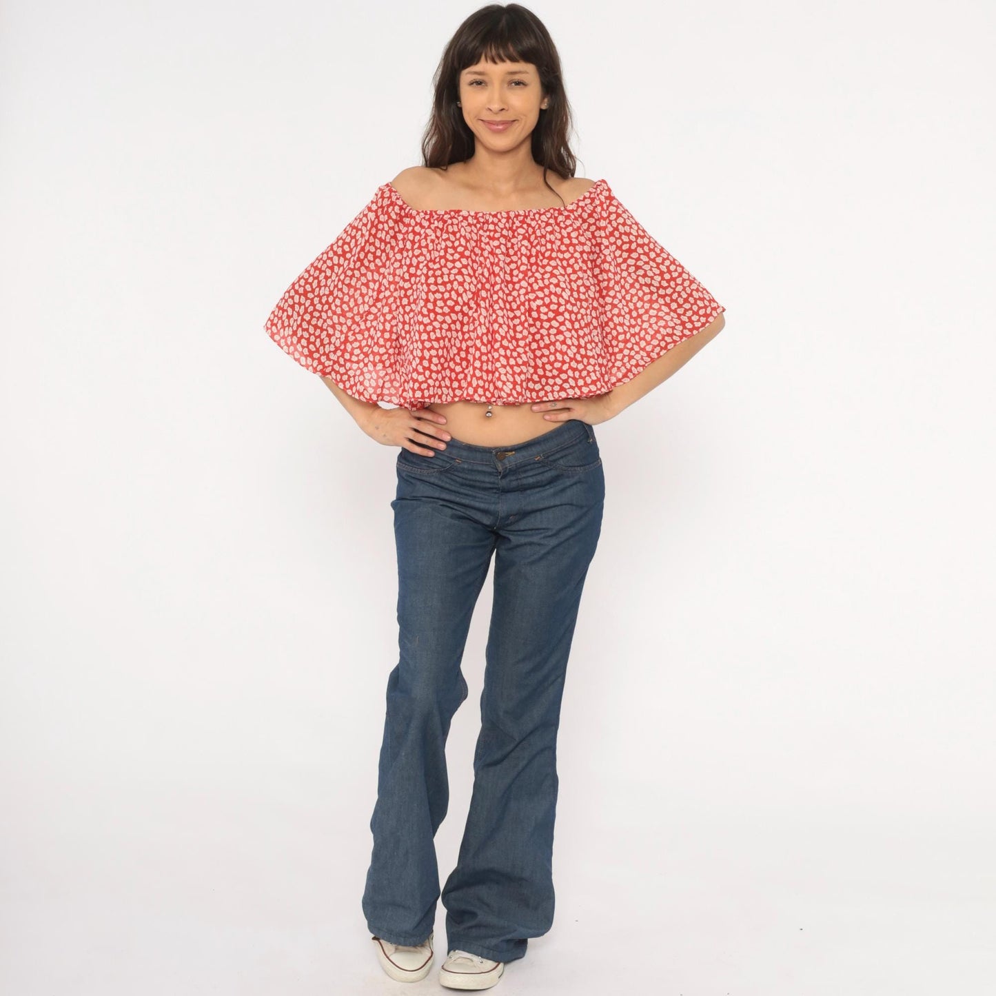 90s Red Floral Off-Shoulder Crop Top Flutter Sleeve White Leaf Print Small