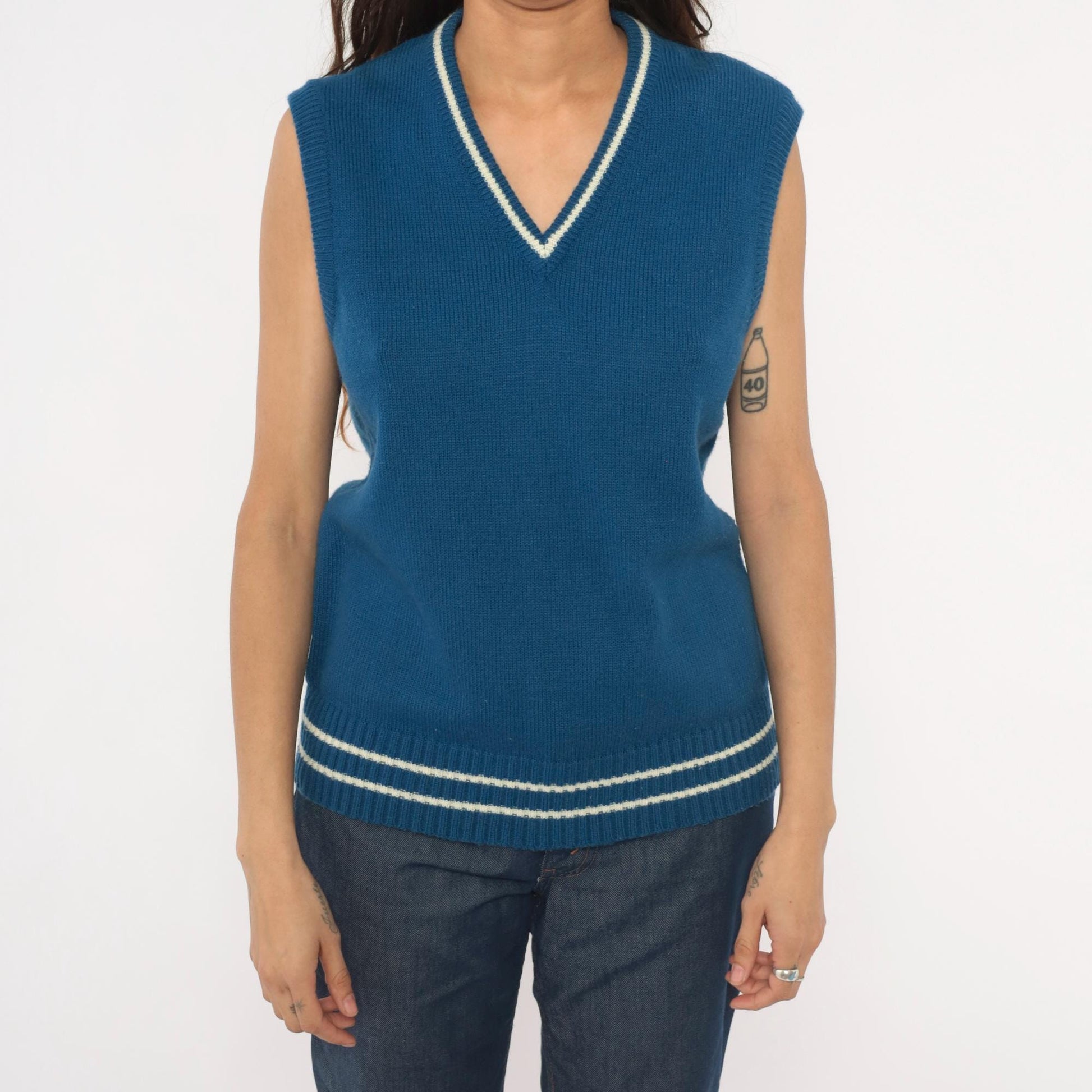 80s VIP Blue Knit Sweater Vest V-Neck Striped Trim Cricket Style Large