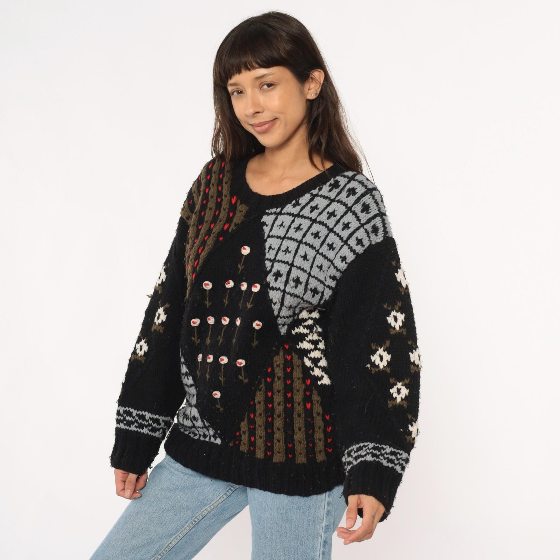 80s Midnight Blues Patchwork Knit Sweater Black Geometric Floral Small