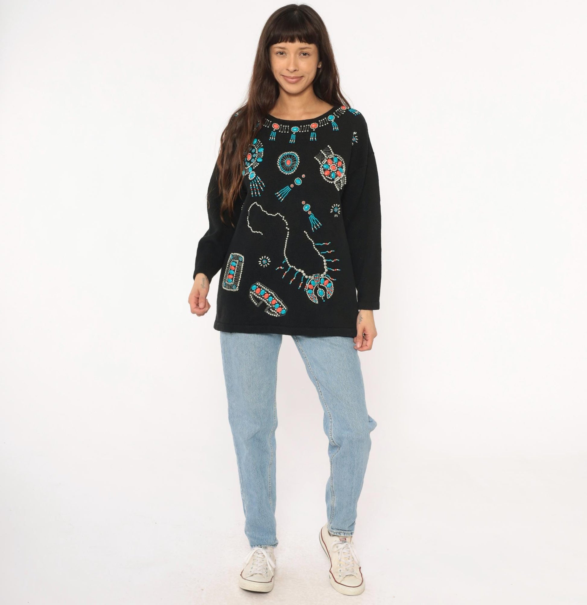 90s Victoria Jones Southwestern Sweatshirt Black Beaded Turquoise Coral Large L