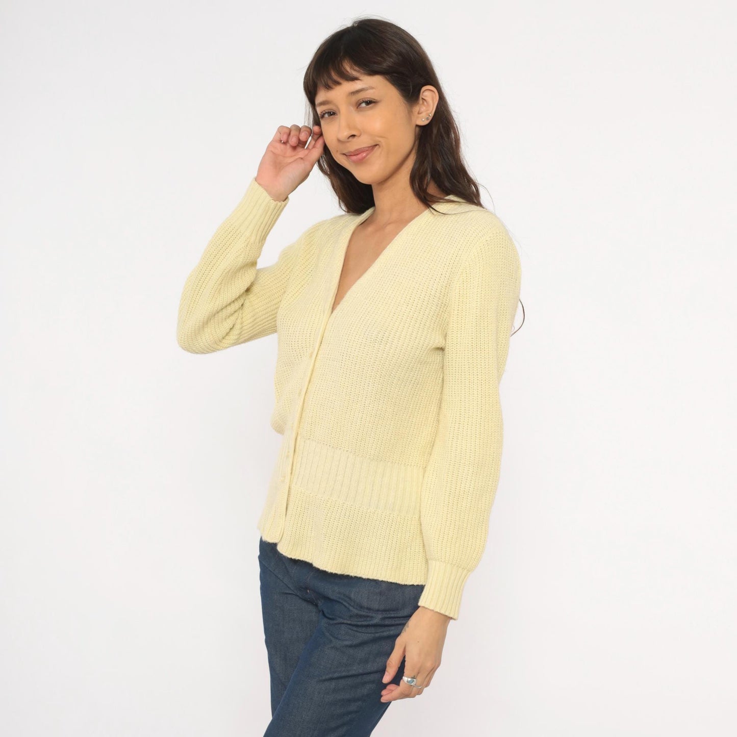 70s Avon Fashions Cardigan Sweater V Neck Cream Ribbed Knit Medium M