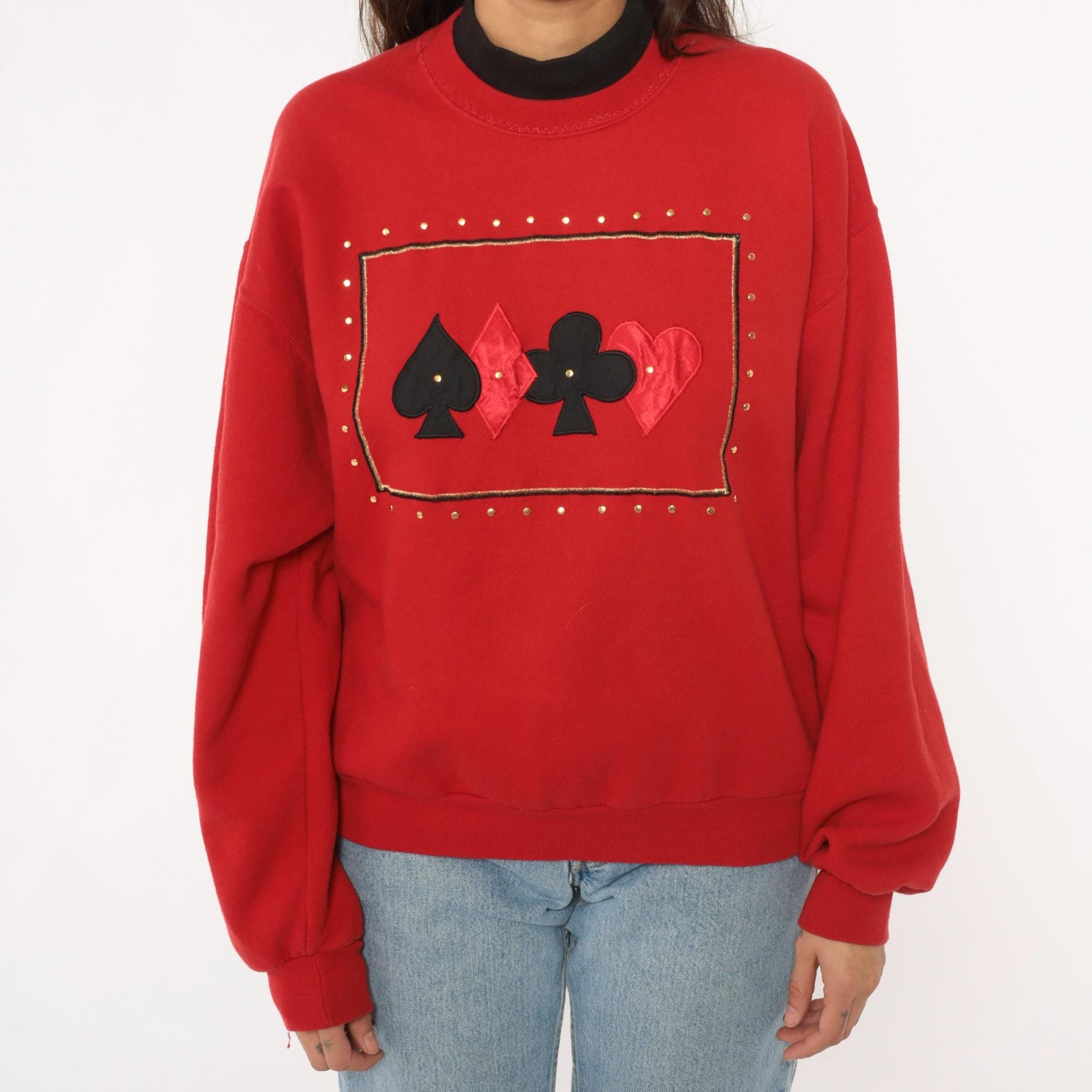 90s Jerzees Playing Card Sweatshirt Red Studded Casino Graphic Crewneck Large L