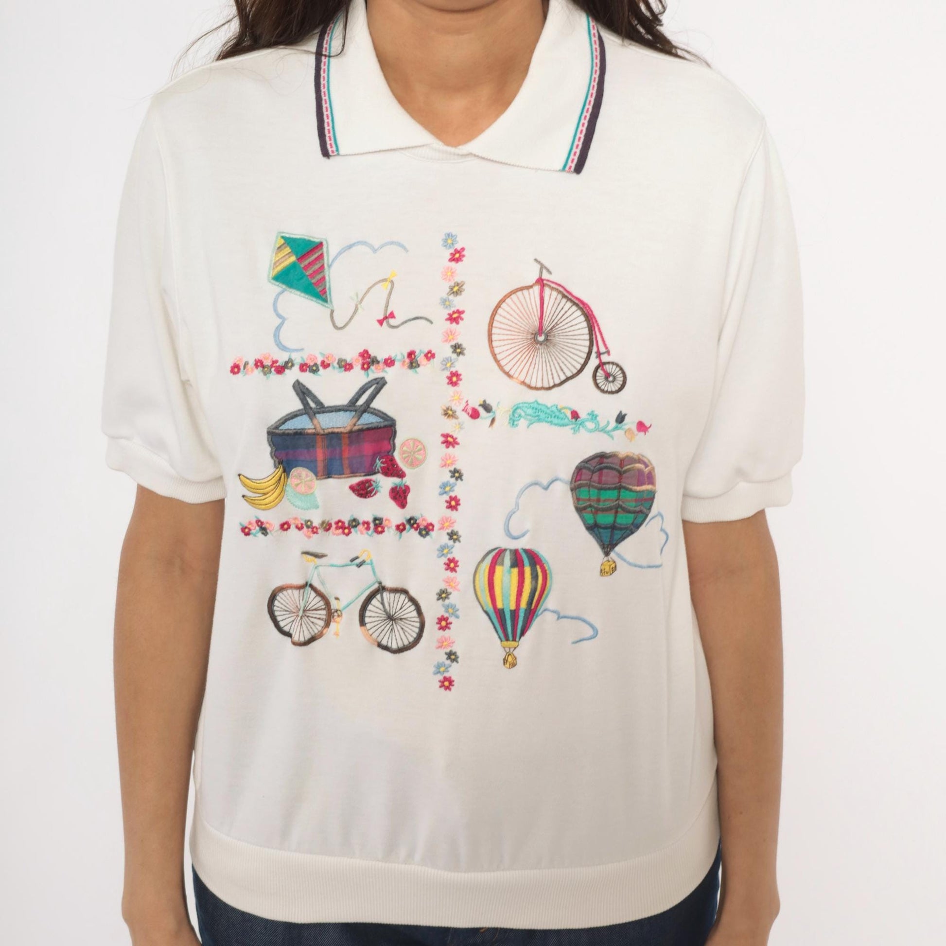 Alfred Dunner 80s Embroidered Polo Shirt Hot Air Balloon Bicycle White Petite Medium