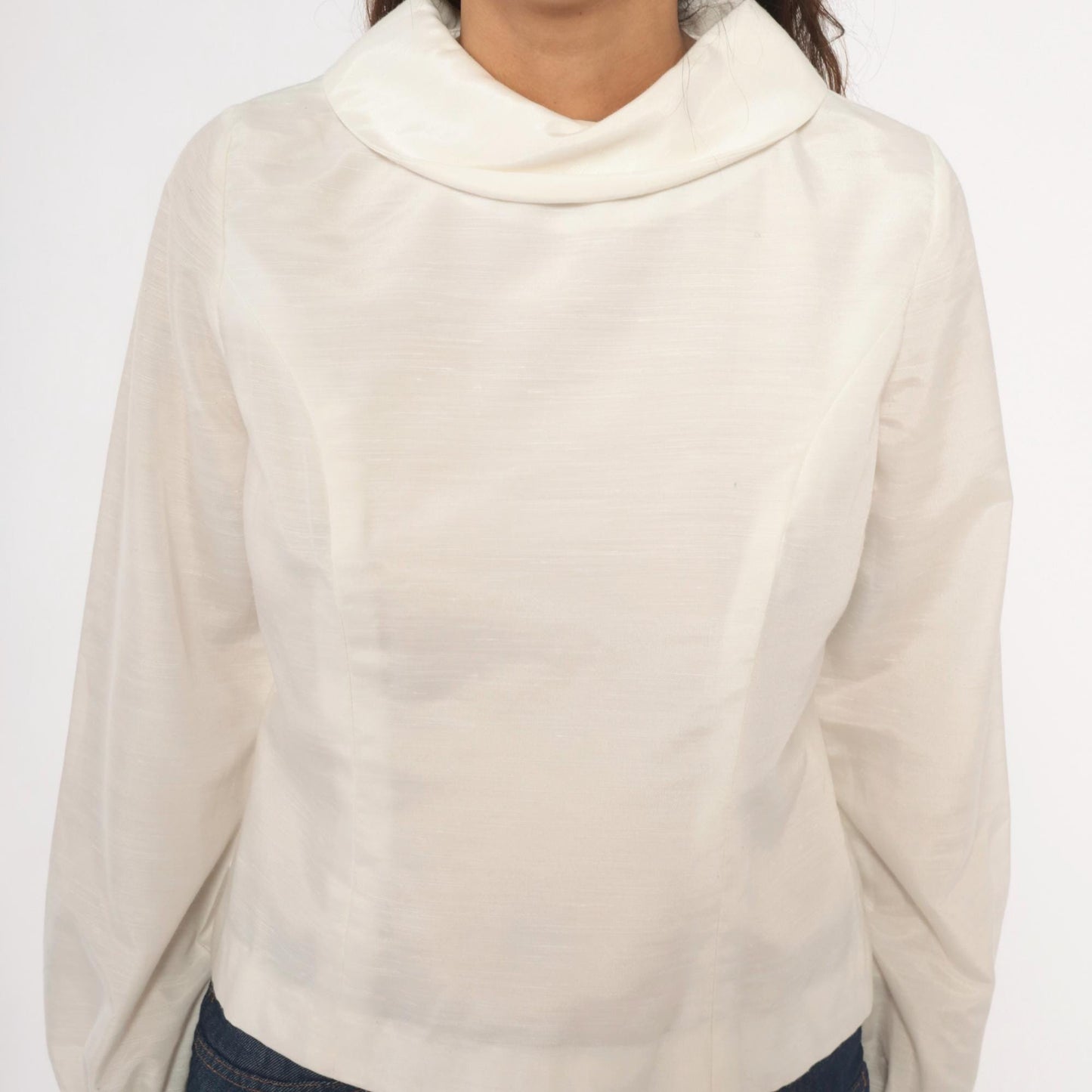70s Cream Cowl Neck Blouse Balloon Sleeve Back Button Cropped Top Medium M