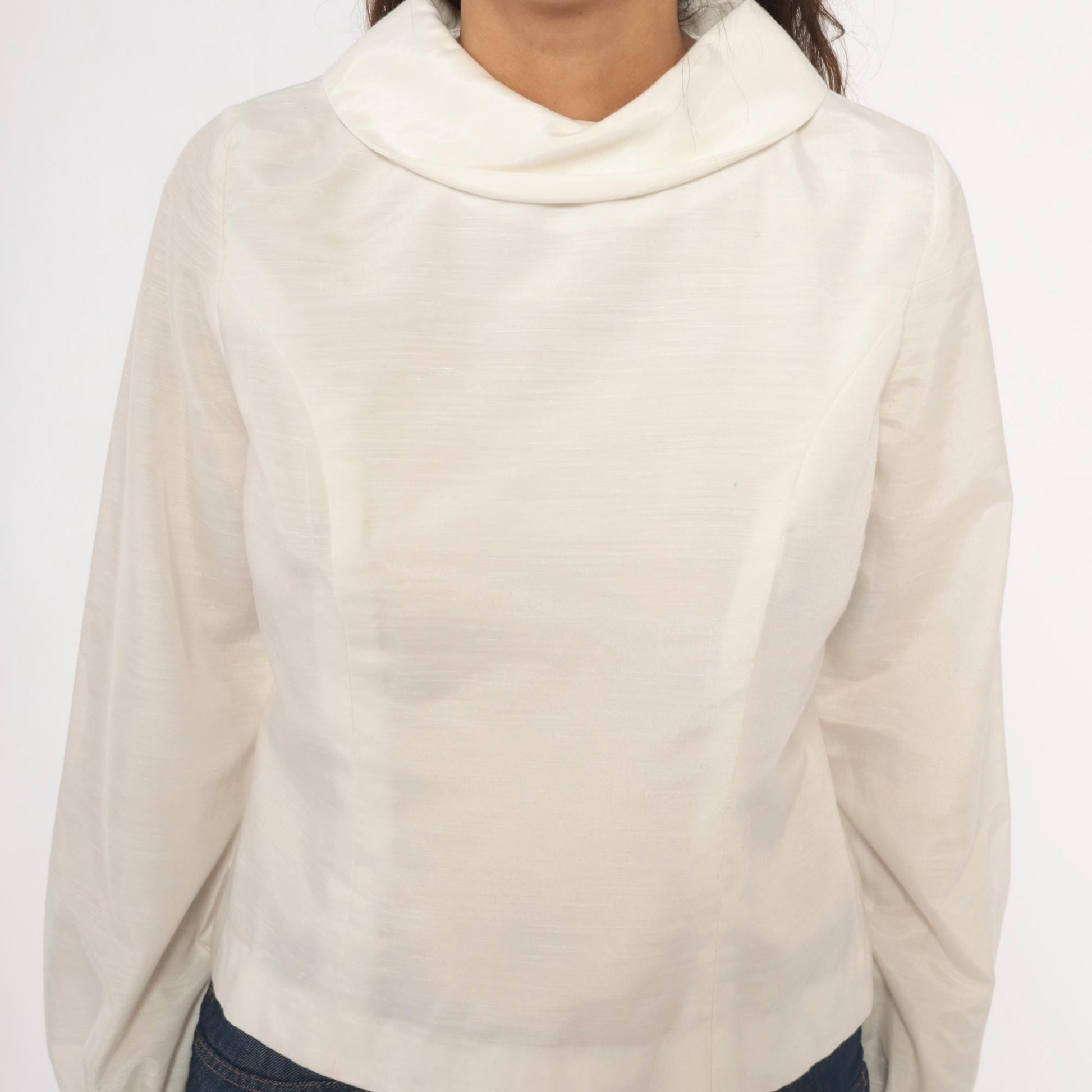 70s Cream Cowl Neck Blouse Balloon Sleeve Back Button Cropped Top Medium M
